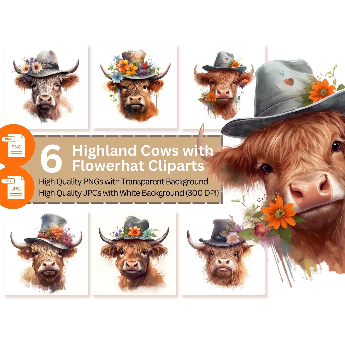 Hochland Rind mit Blumen Hut 6 + 6 PNG Bundle für Sublimation & Clipart