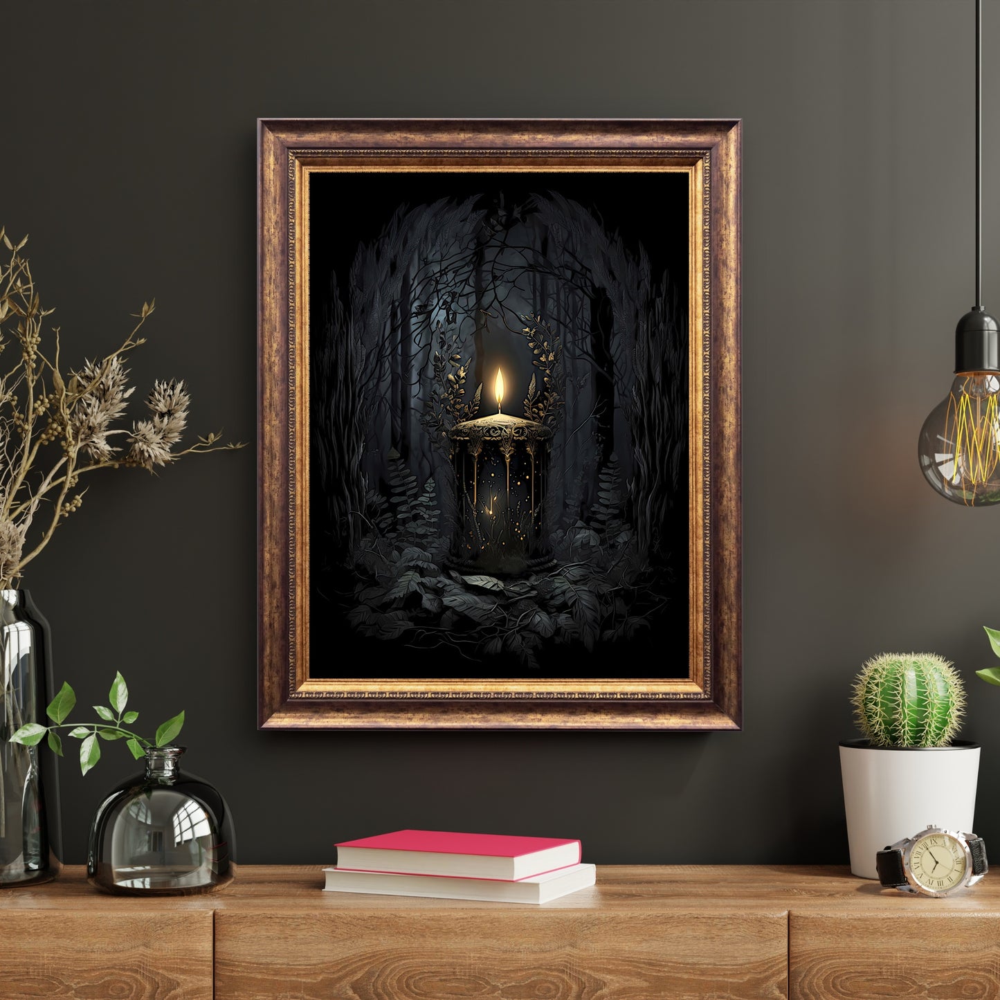 Mystische Kerze im Wald Papier Poster Drucke Wandkunst Dunkles Fairycore Gothic Kunstwerk Hexendekor Dunkles Cottagecore Mystisches Kunstwerk Goblincore Druck
