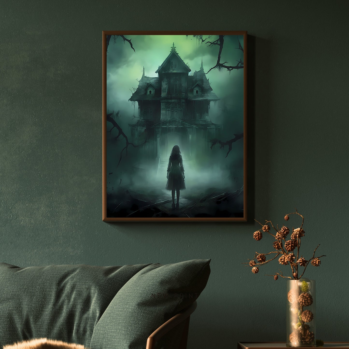 Ghost Girl at Abandoned Mansion Paper Poster Prints Dark Spooky Decor Fantasy Poster Dark Academia Dark Cottagecore Gothic Retro Ghost Wall Art Wicca