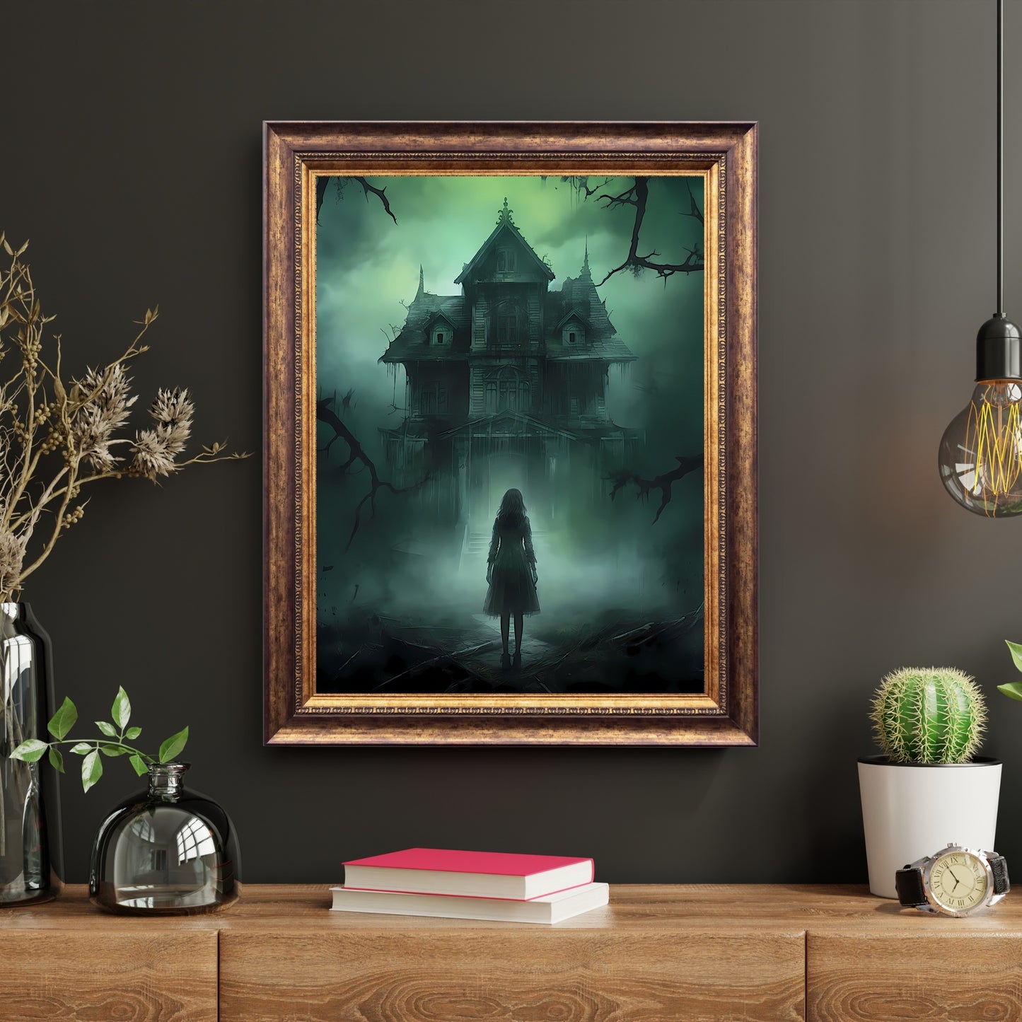 Ghost Girl at Abandoned Mansion Paper Poster Prints Dark Spooky Decor Fantasy Poster Dark Academia Dark Cottagecore Gothic Retro Ghost Wall Art Wicca