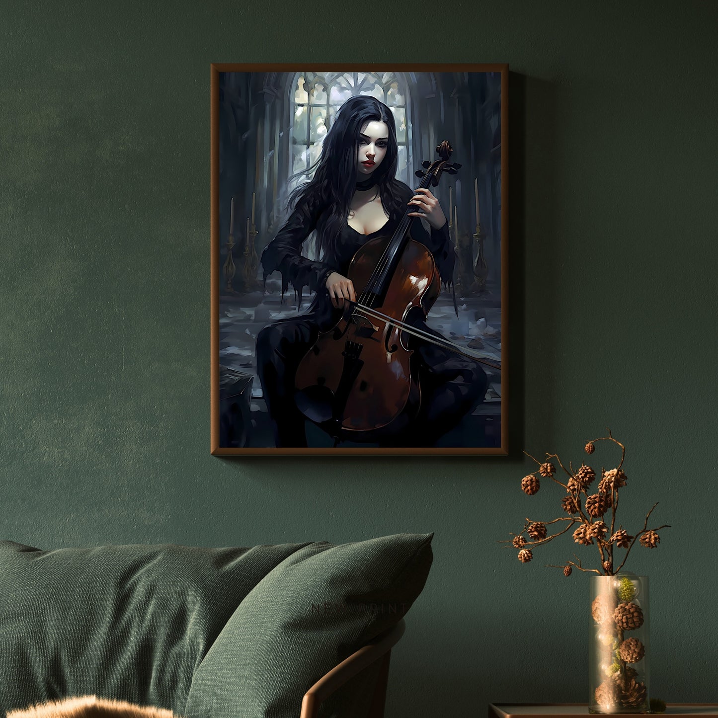 Goth Girl playing Cello on a Wednesday Paper Poster Prints Dark Spooky Decor Fantasy Poster Dark Academia Dark Cottagecore Gothic Retro Ghost Wall Art Wicca
