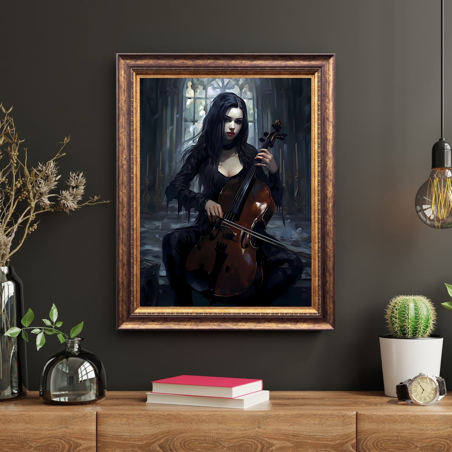 Goth Girl playing Cello on a Wednesday Gothic Wall Art Paper Poster Prints Dark Spooky Decor Fantasy Poster Dark Academia Gothic Retro Ghost Wall Art Wicca