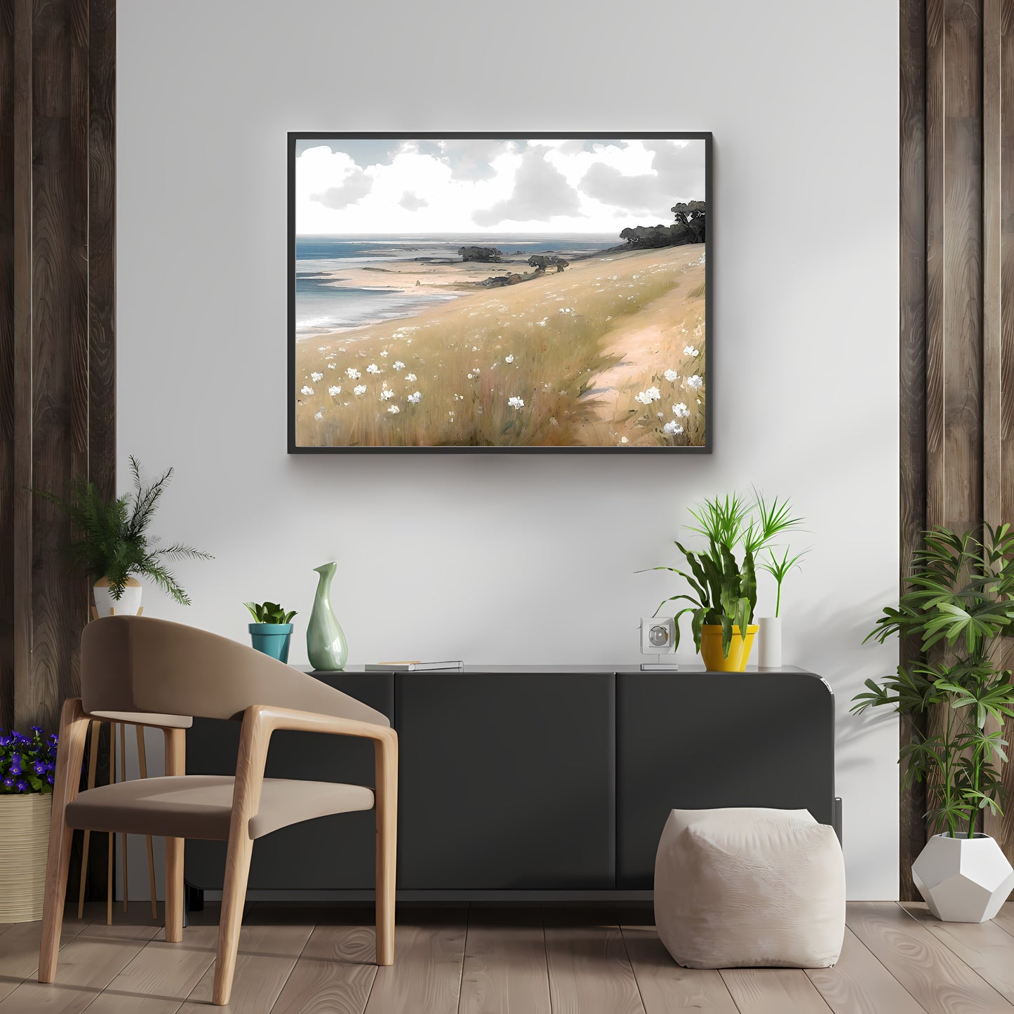 Wildflower meadow coast painting Paper Poster Prints vintage oil painting spring meadow farmhouse deocor spring landscape ocean landscape Spring Meadow Artwork
