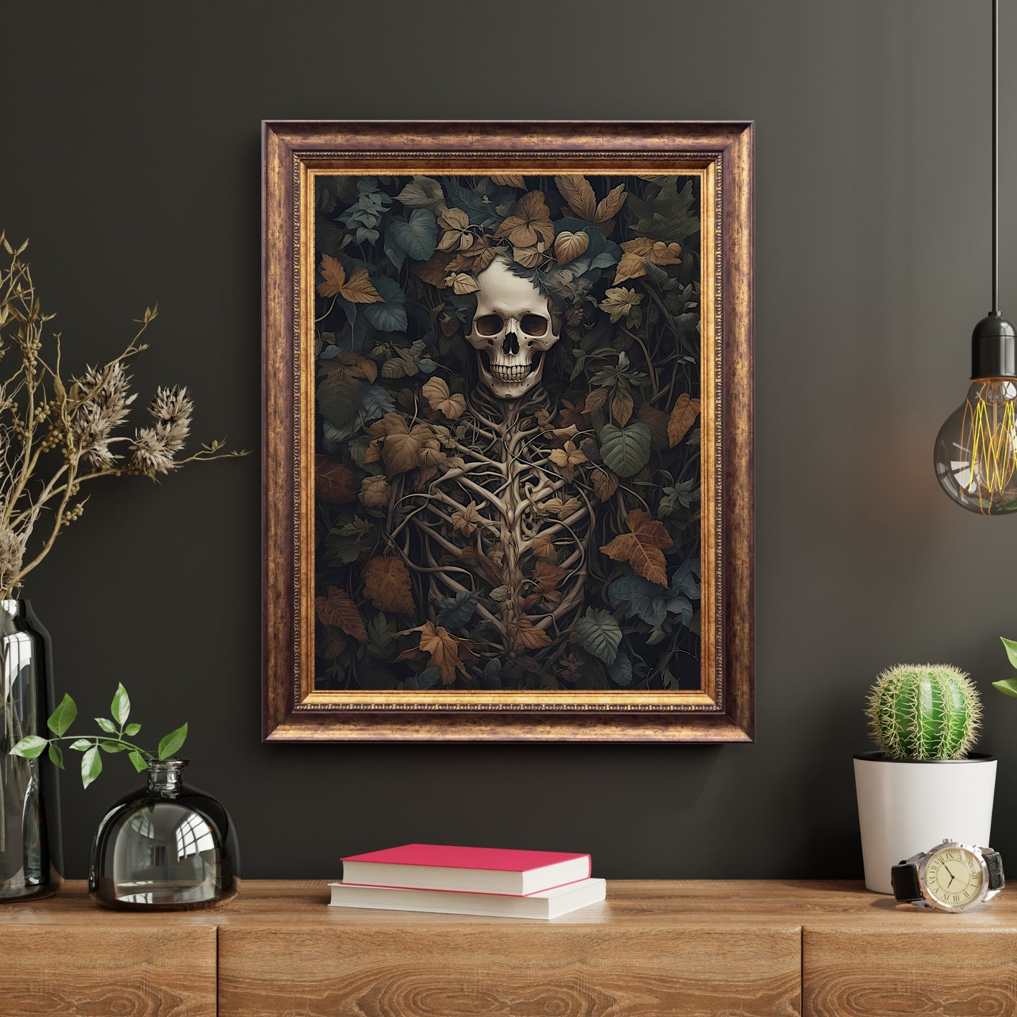 Skeleton Botanical Portrait Paper Poster Prints Dark Cottagecore Vintage Oil Painting Dark Academia Gothic Botanical Moody Goth Decor Aesthetic Room Decor