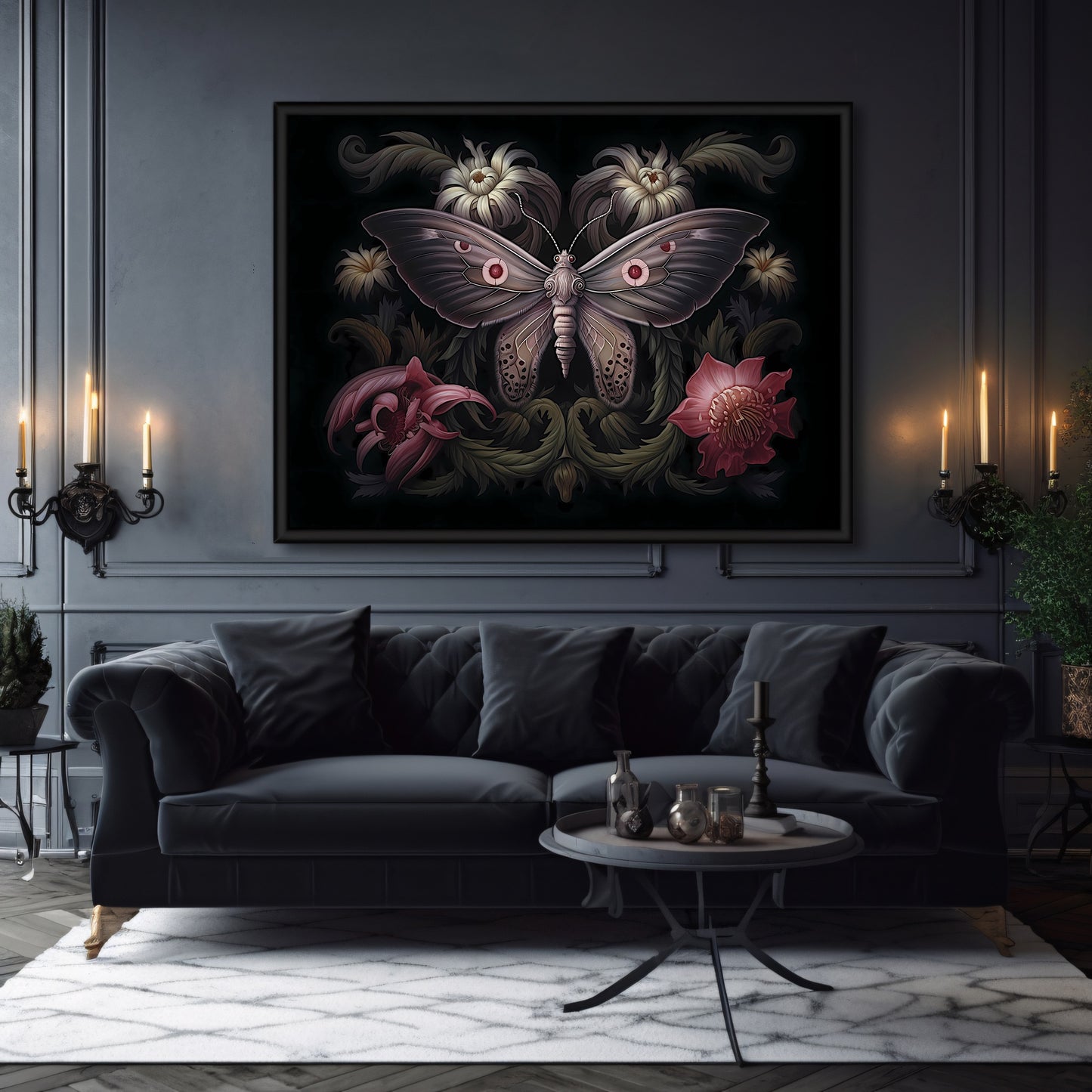 Vintage Moth Paper Poster Prints Dark Academia Wall Art Witchy Gothic Botanical Decor Dark Cottagecore Goblincore Goth Home Decor Moody Painting
