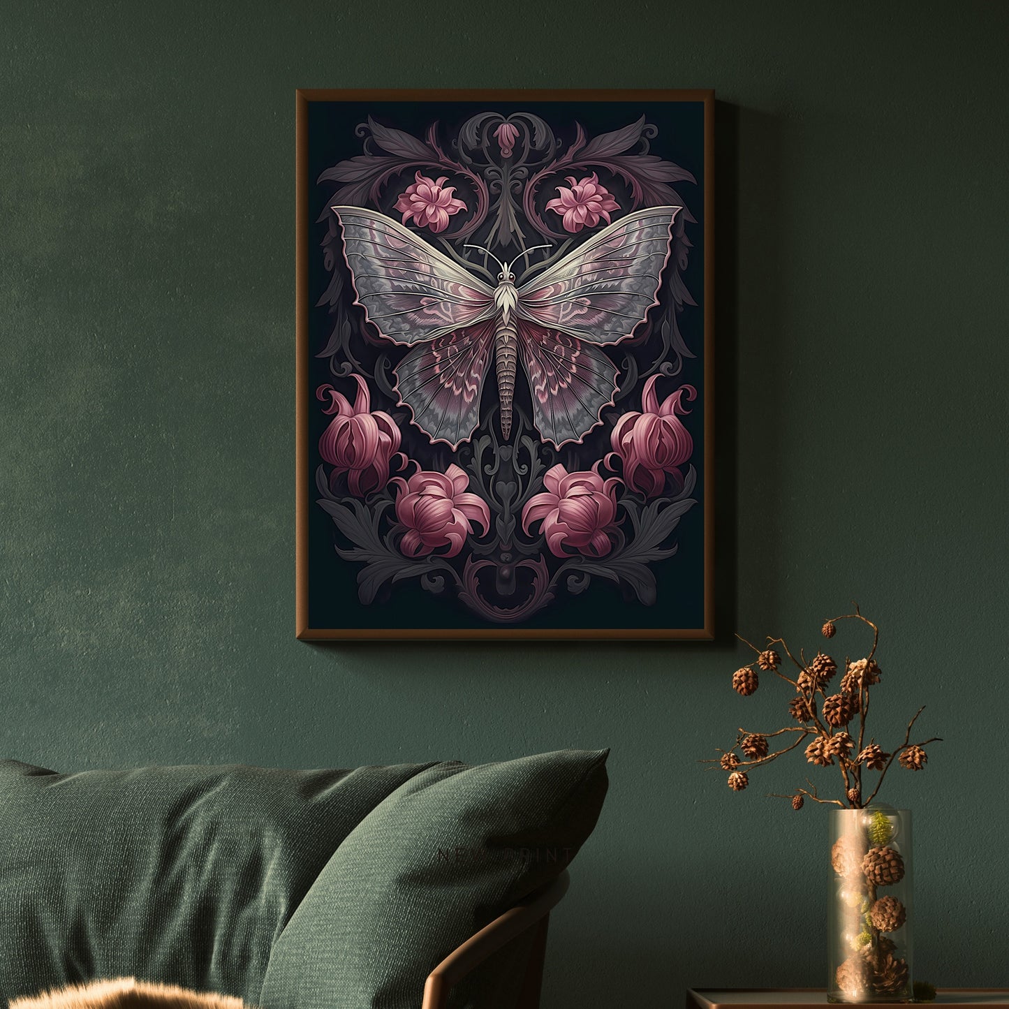 Dark Moth Paper Poster Prints Wall Art Witchy Gothic Botanical Decor Dark Academia Goblincore Goth Home Decor Moody Painting Library Decor Antique