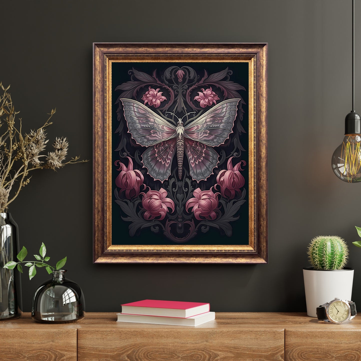 Dark Moth Paper Poster Prints Wall Art Witchy Gothic Botanical Decor Dark Academia Goblincore Goth Home Decor Moody Painting Library Decor Antique