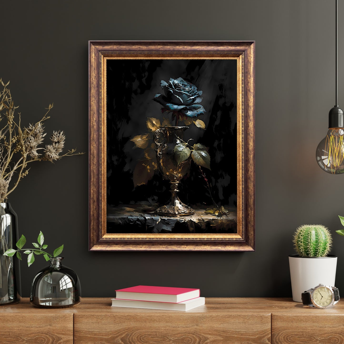 Blue Rose in Goblet Paper Poster Prints Wall Art Vintage Oil Painting Dark Academia Gothic Floral Moody Painting Botanical Decor Dark Cottagecore