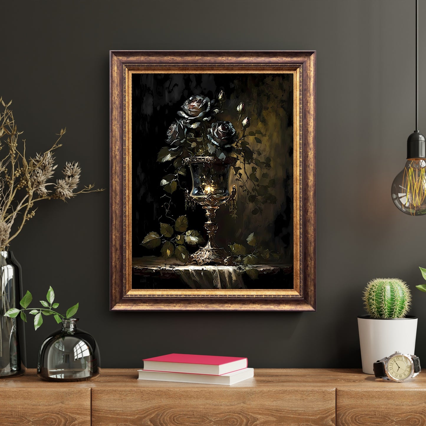 Black Roses in Goblet Paper Poster Prints Dark Cottagecore Wall Art Vintage Oil Painting Dark Academia Gothic Floral Moody Painting Botanical Decor