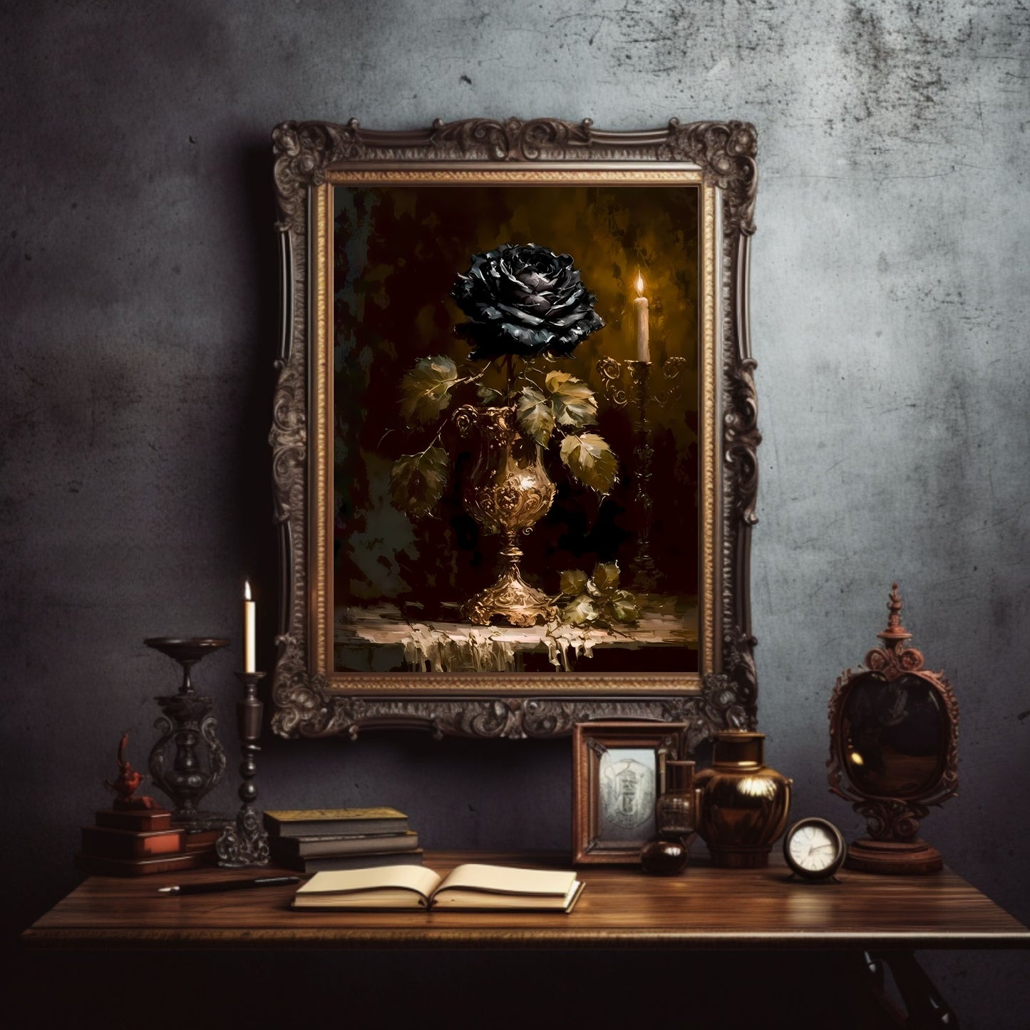 Schwarze Rose im Kelchpapier Posterdrucke Dark Cottagecore Wandkunst Vintage Ölgemälde Dark Academia Gothic Floral Moody Painting Botanisches Dekor