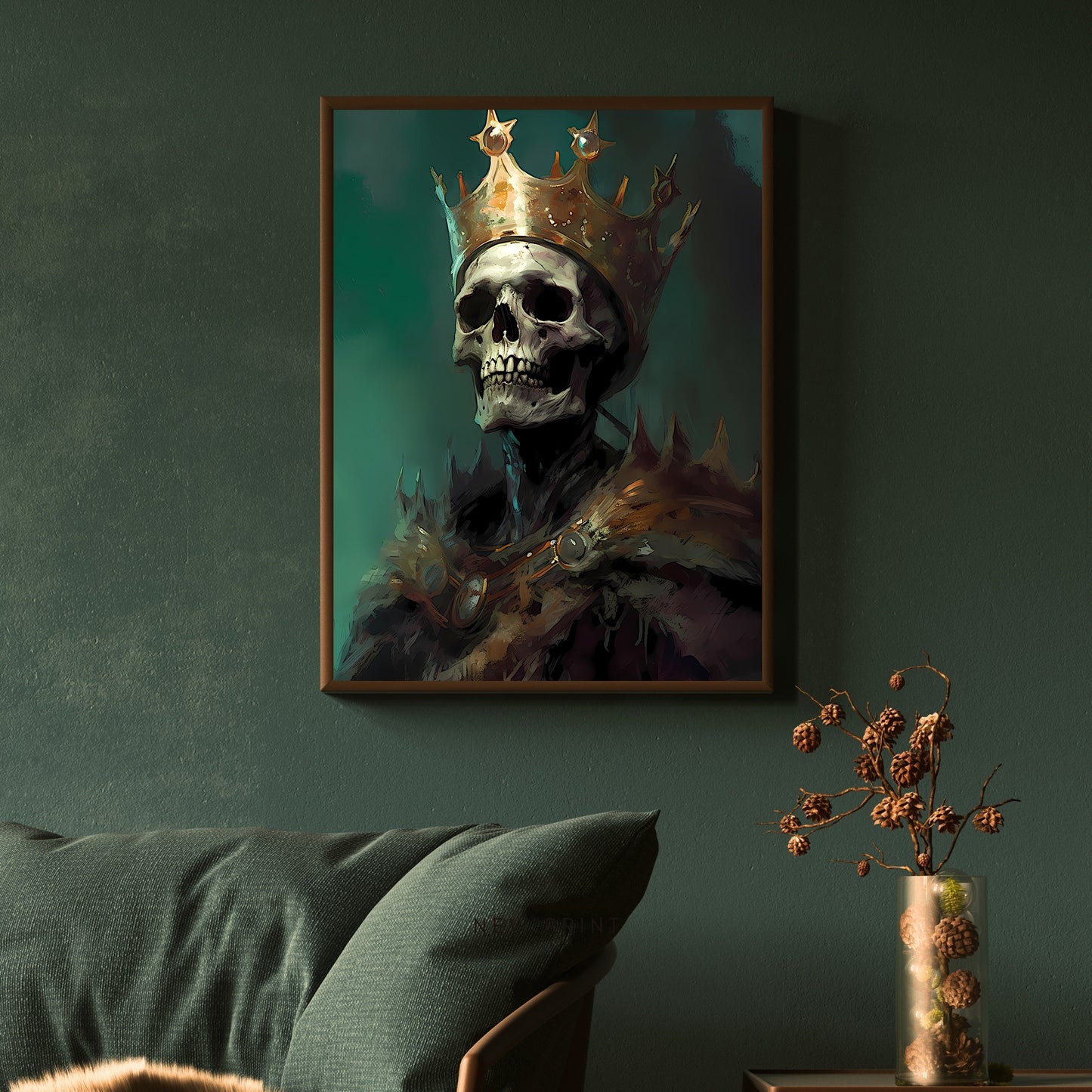 Stolzer toter König, Papierposter, Drucke, Dark Academia-Schädel, Wandkunst, Totenkopf mit Krone, Whimsigoth-Dekor, dunkles Cottagecore-Gemälde, antikes Ölgemälde