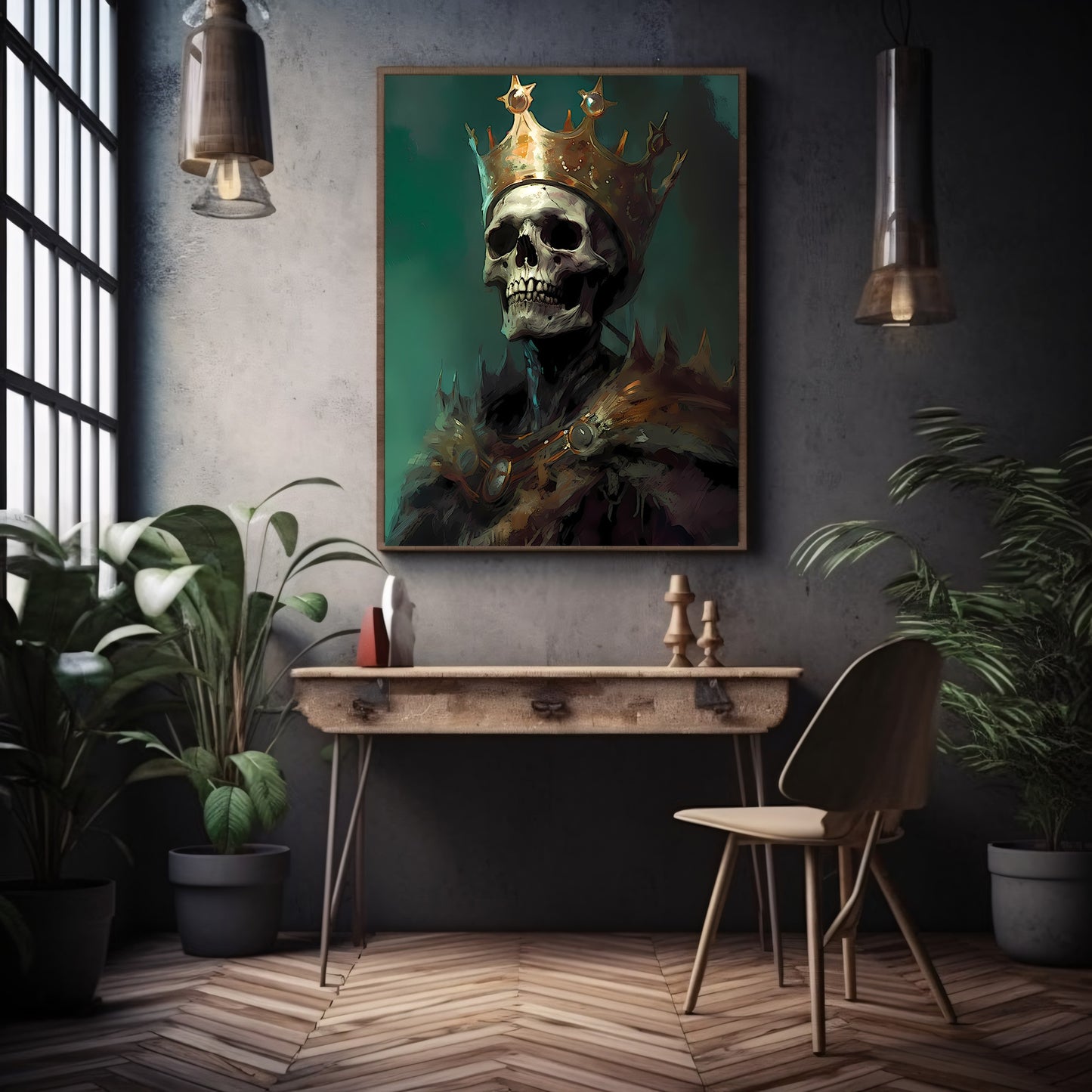 Stolzer toter König, Papierposter, Drucke, Dark Academia-Schädel, Wandkunst, Totenkopf mit Krone, Whimsigoth-Dekor, dunkles Cottagecore-Gemälde, antikes Ölgemälde