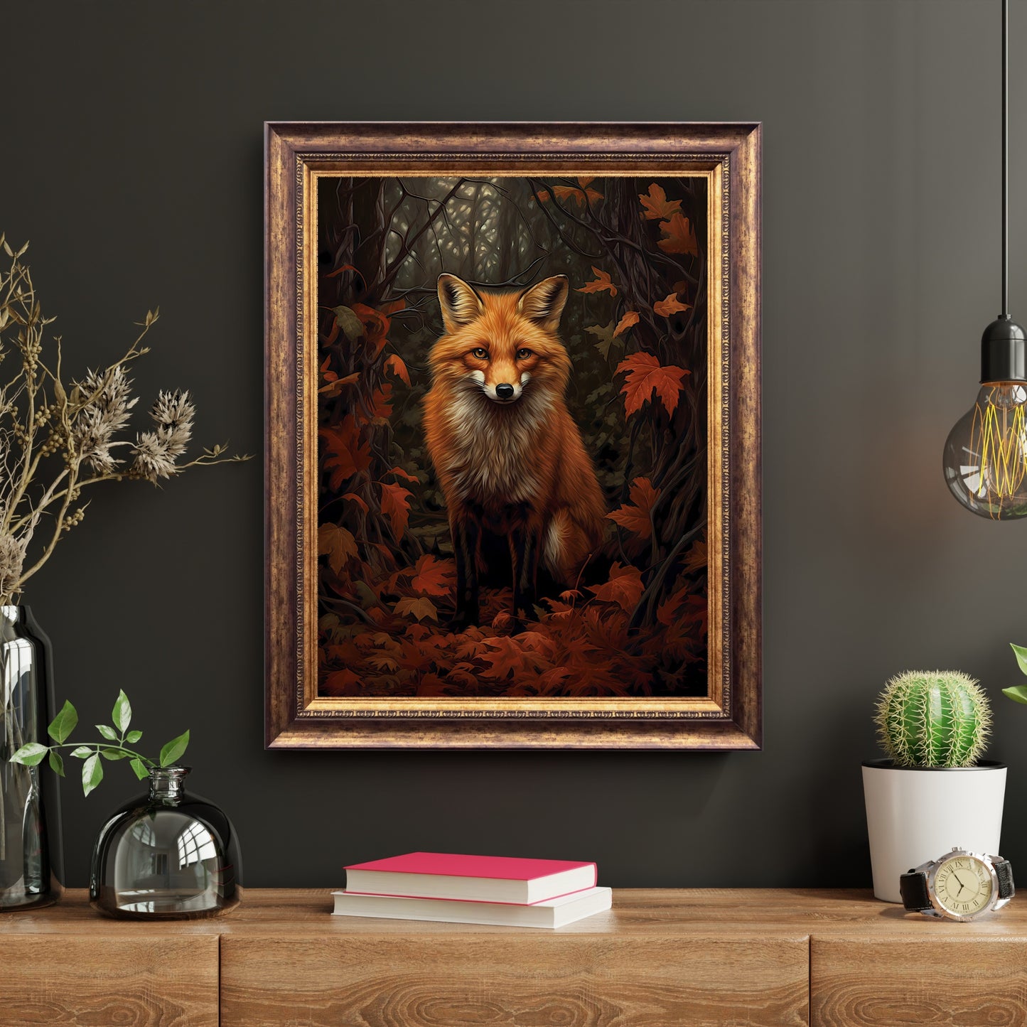 Red Fox Autumn Forest Dark Cottagecore Paper Poster Prints Wall Art Vintage Dark Academia Print Dark Aestetic Wildlife Painting Gothic Home Decor