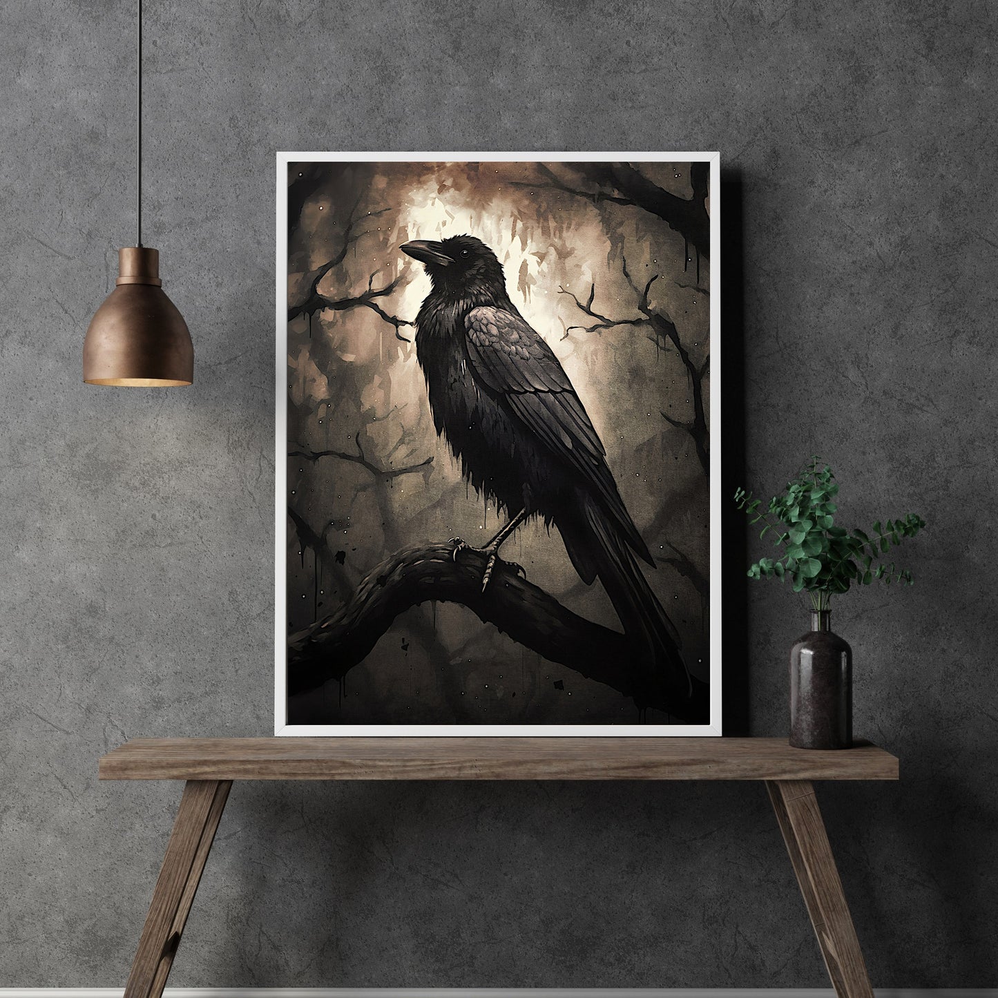 Black Raven in Dark Forest Gothic Wall Art Paper Poster Prints Moonlit Cottagecore Wildlife Painting Gothic Decor Dark Academia Artwork Vintage Aesthetic