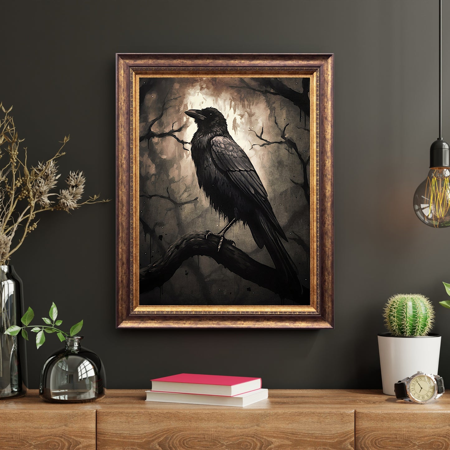 Black Raven in Dark Forest Gothic Wall Art Paper Poster Prints Moonlit Cottagecore Wildlife Painting Gothic Decor Dark Academia Artwork Vintage Aesthetic