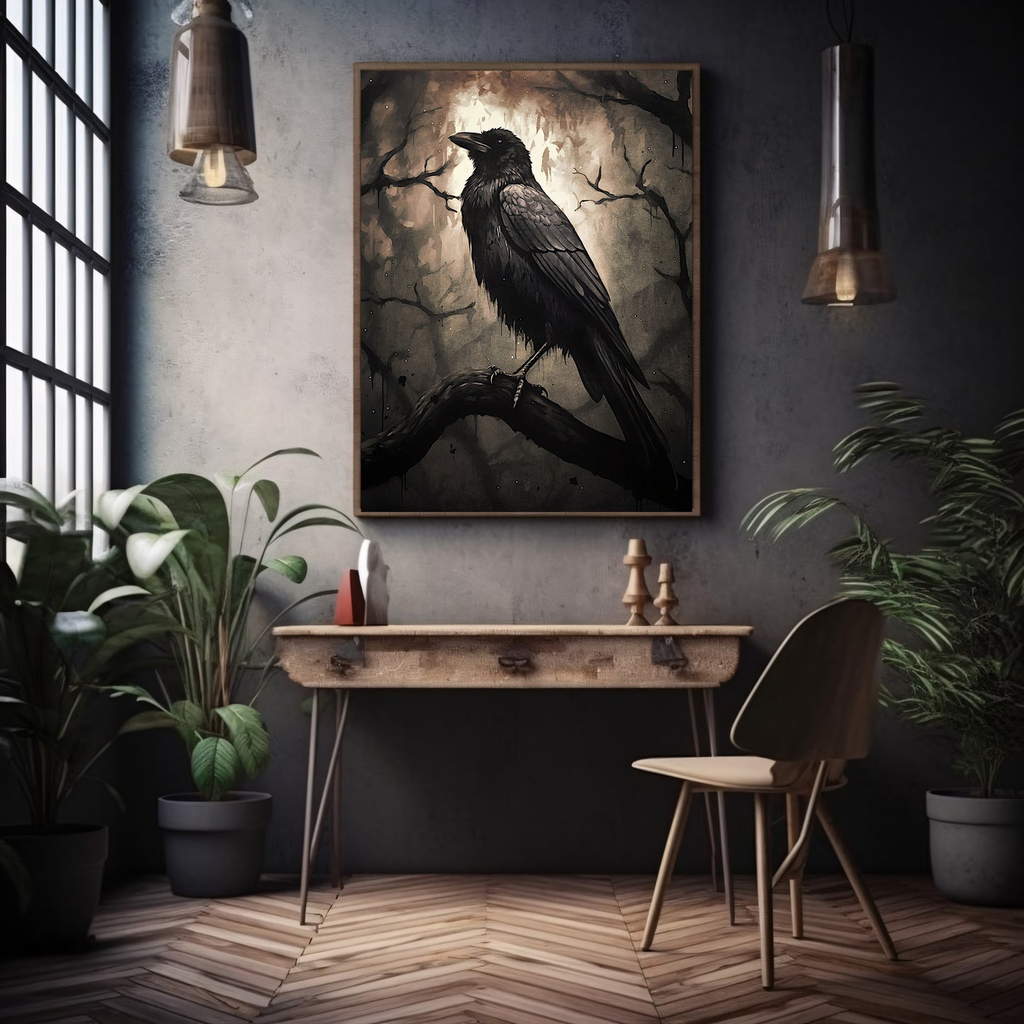 Black Raven in Dark Forest Gothic Wall Art Paper Poster Prints Moonlit Cottagecore Wildlife Painting Gothic Decor Dark Academia Artwork Vintage Aesthetic
