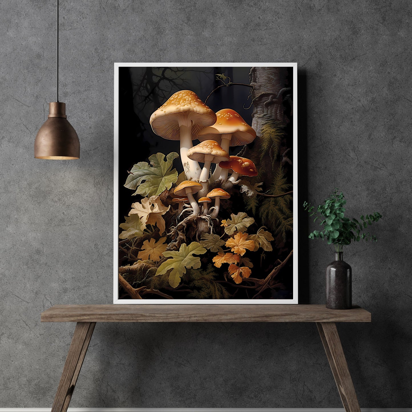 Brown Mushrooms in Dark Forest Paper Poster Prints Wall Art Dark Academia Goblincore Vintage Botanical Decor Witchy Gothic Cottagecore Mushroom Print