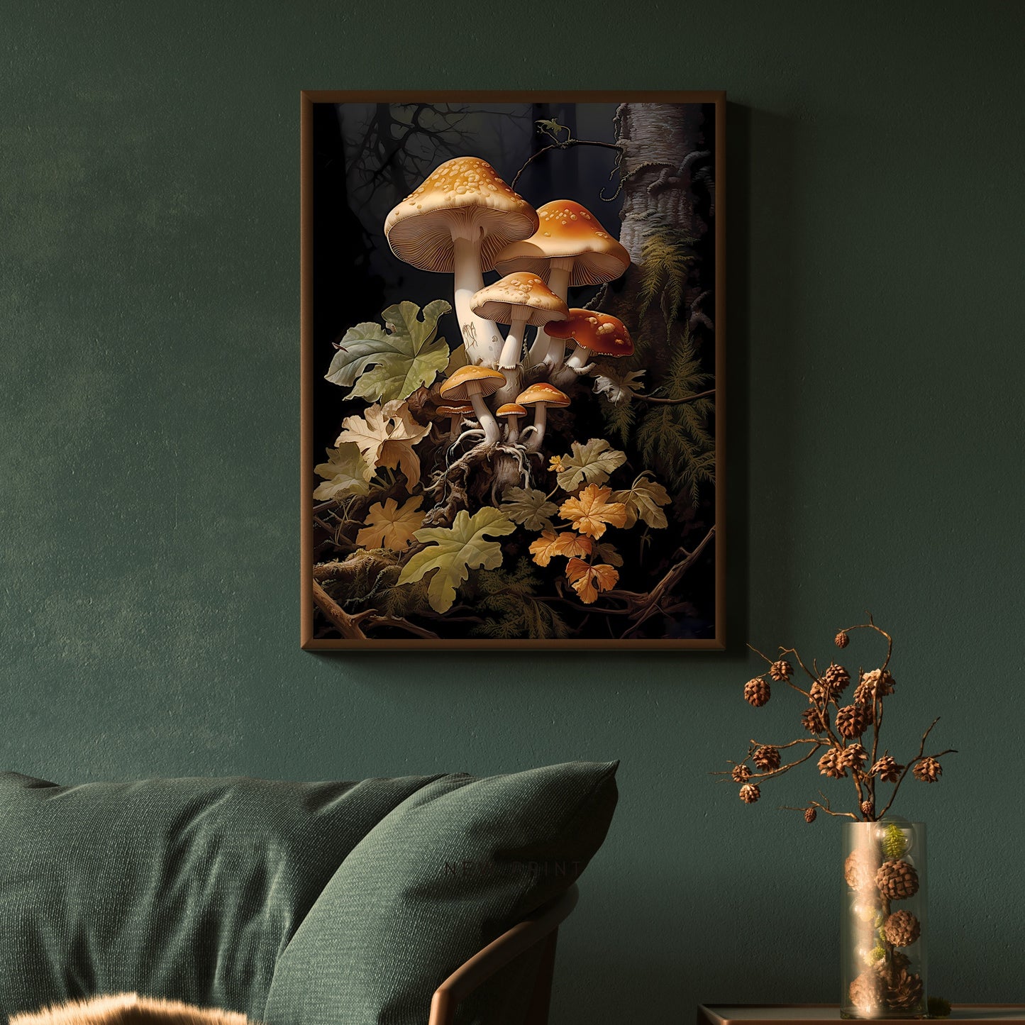 Brown Mushrooms in Dark Forest Paper Poster Prints Wall Art Dark Academia Goblincore Vintage Botanical Decor Witchy Gothic Cottagecore Mushroom Print