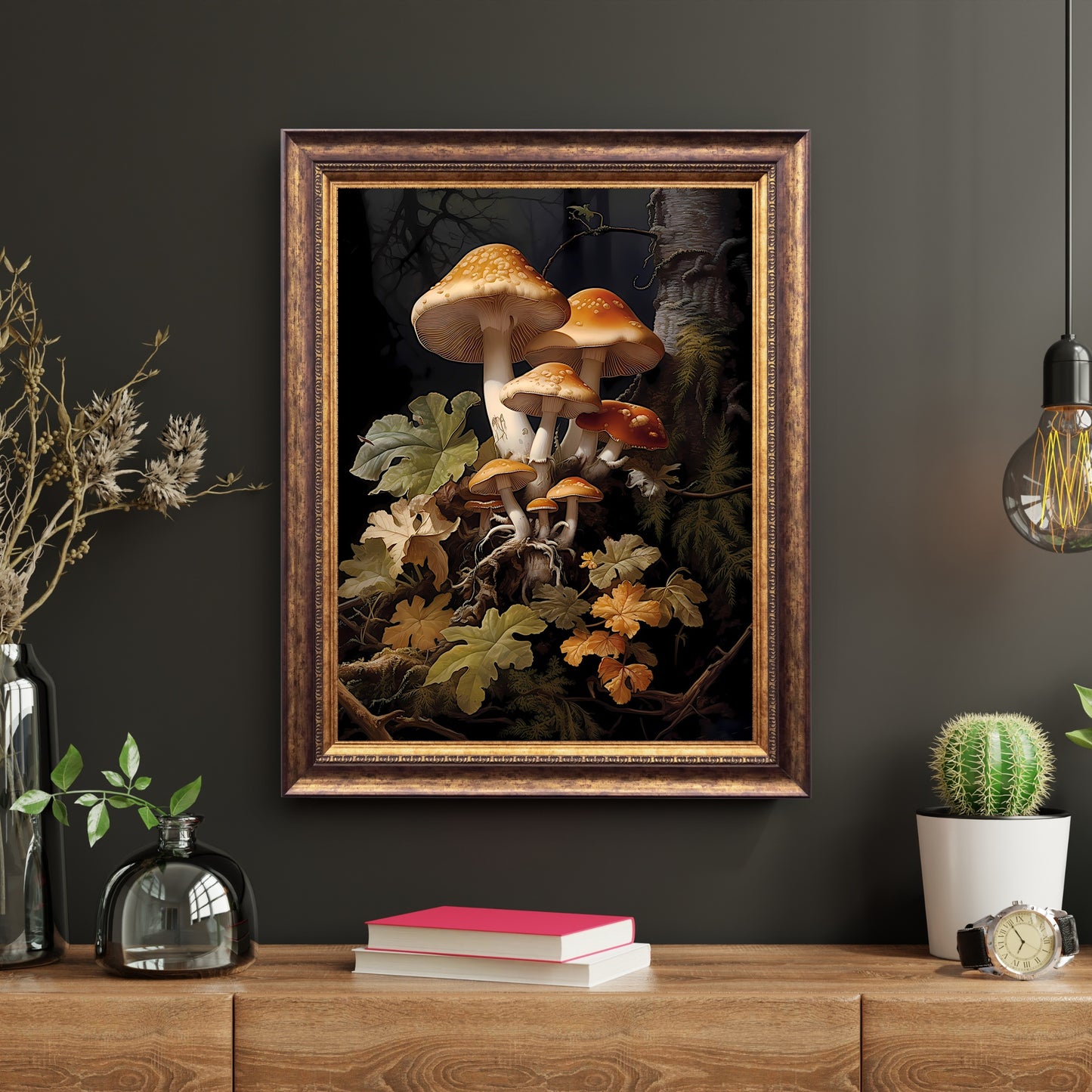 Brown Mushrooms in Dark Forest Paper Poster Prints Wall Art Dark Academia Goblincore Vintage Botanical Decor Witchy Gothic Cottagecore Mushroom Print
