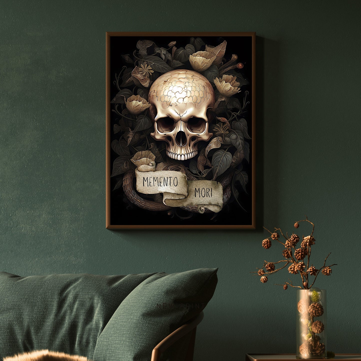 Skull Portrait Memento Mori Paper Poster Prints Wall Art Dark Cottagecore Vintage Mystical Skull Painting Witchy Decor Gothic Dark Academia Botanical