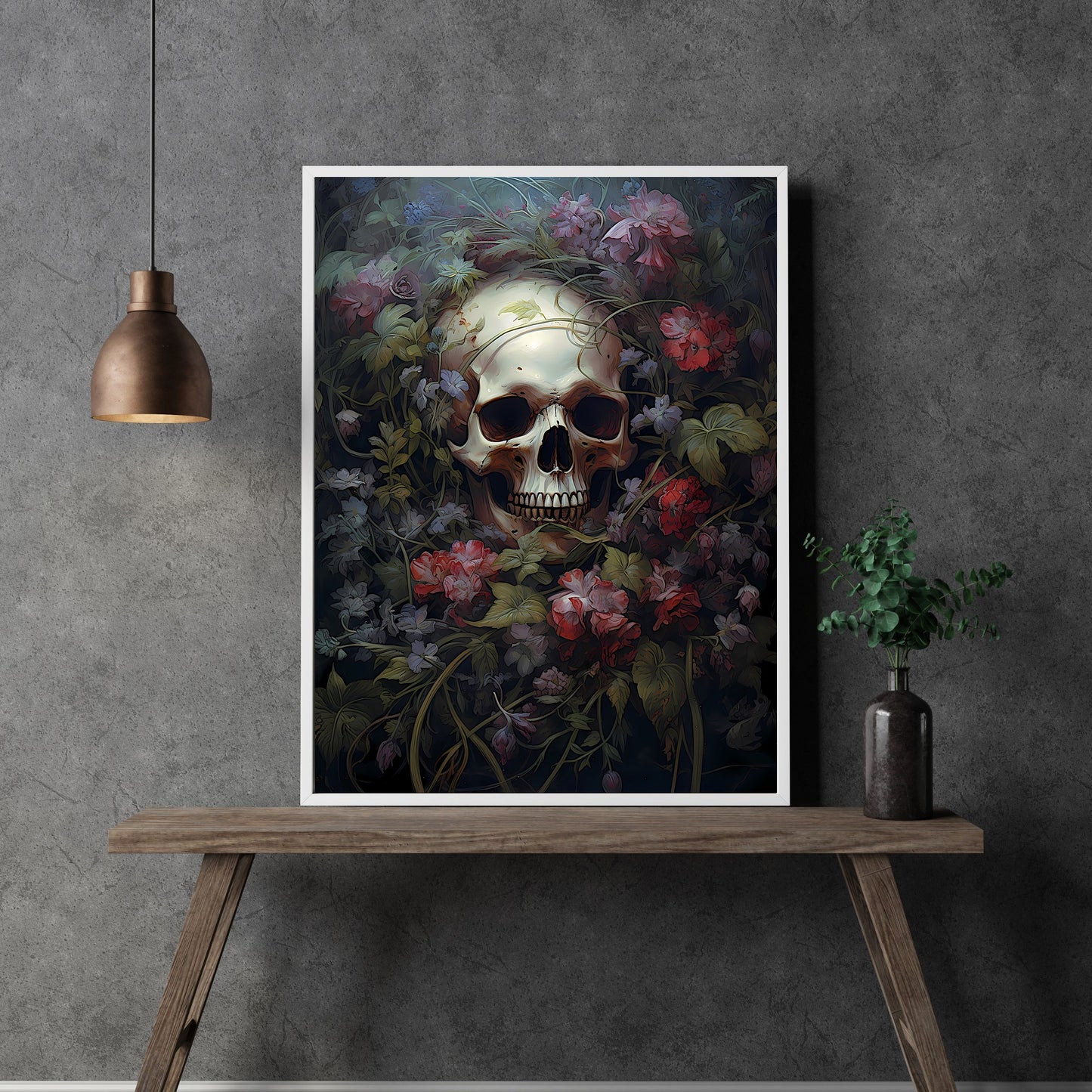Totenkopf liegt in einem Bett aus Blumen. Papierposter und Wandkunstdrucke, perfekt für die Dekoration eines dunklen Raums mit einem zauberhaften, nostalgischen Touch.