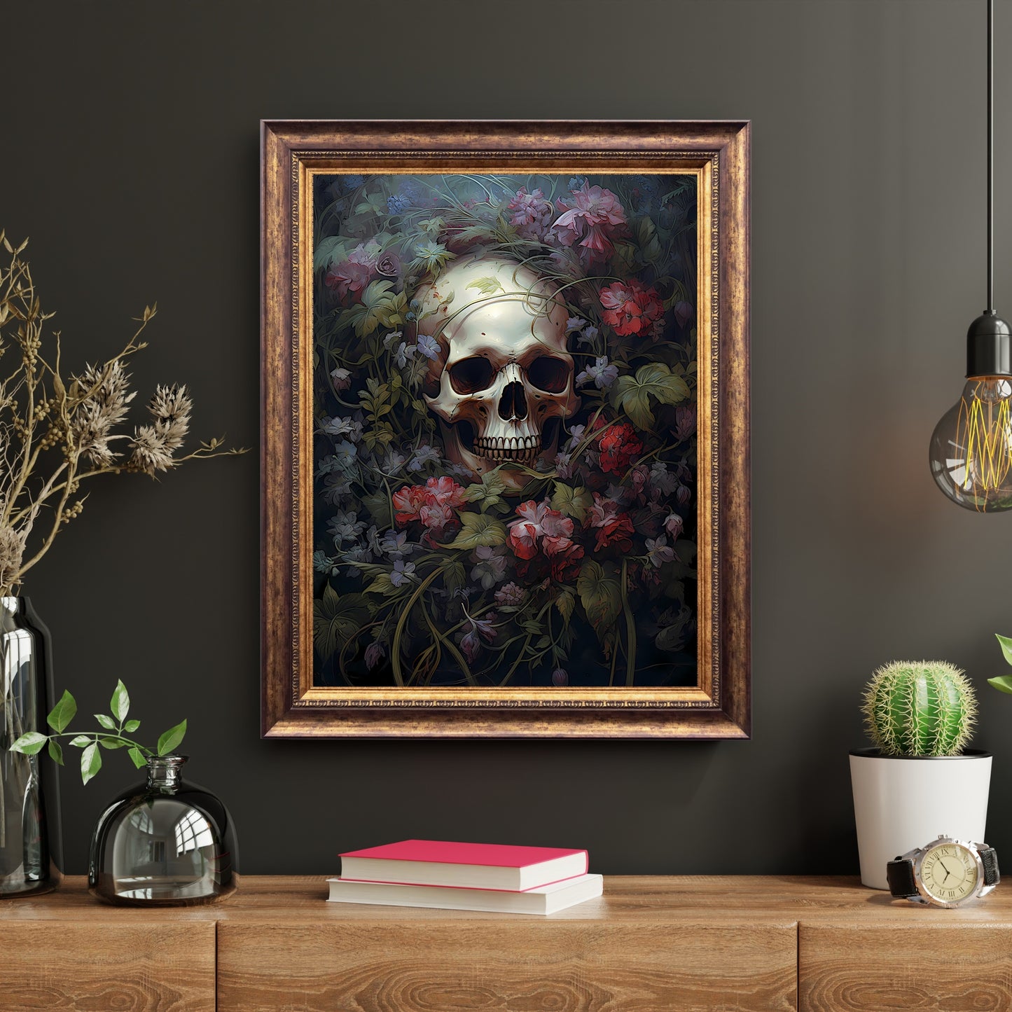 Totenkopf liegt in einem Bett aus Blumen. Papierposter und Wandkunstdrucke, perfekt für die Dekoration eines dunklen Raums mit einem zauberhaften, nostalgischen Touch.