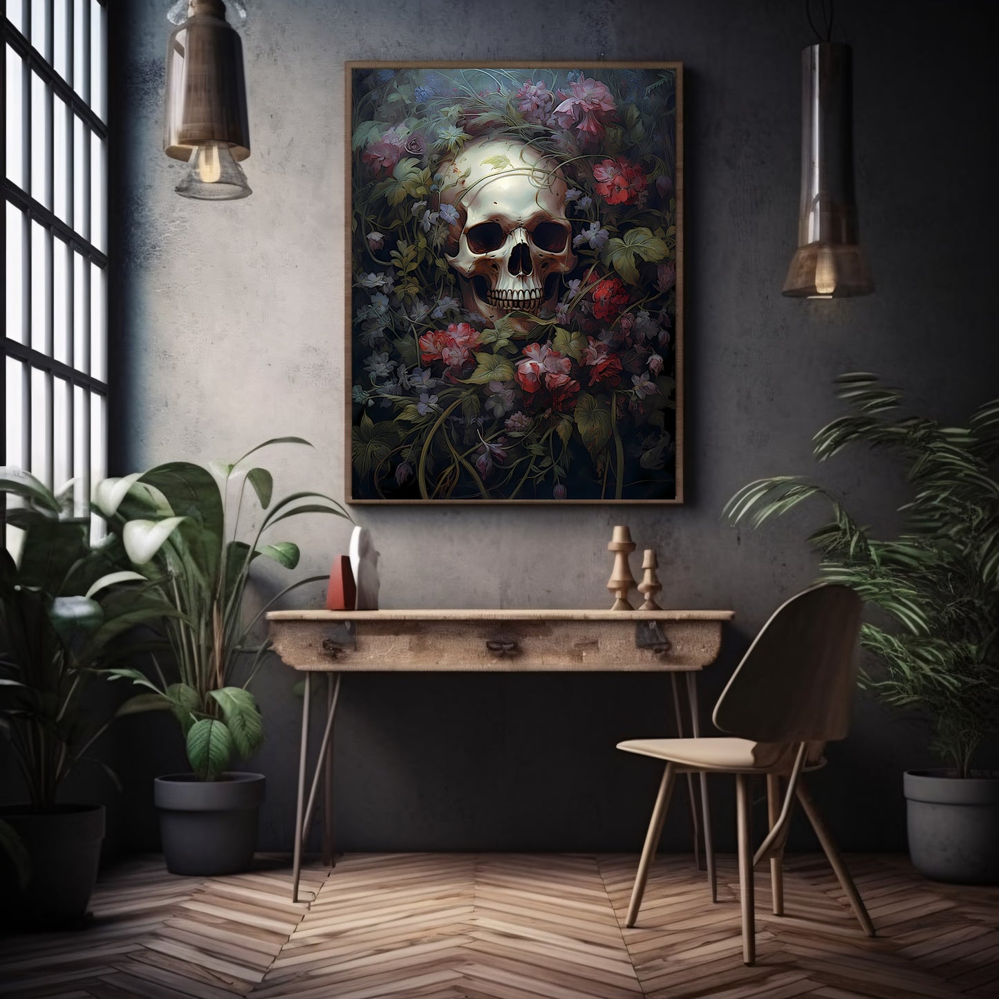 Totenkopf liegt in einem Bett aus Blumen. Papierposter und Wandkunstdrucke, perfekt für die Dekoration eines dunklen Raums mit einem zauberhaften, nostalgischen Touch.