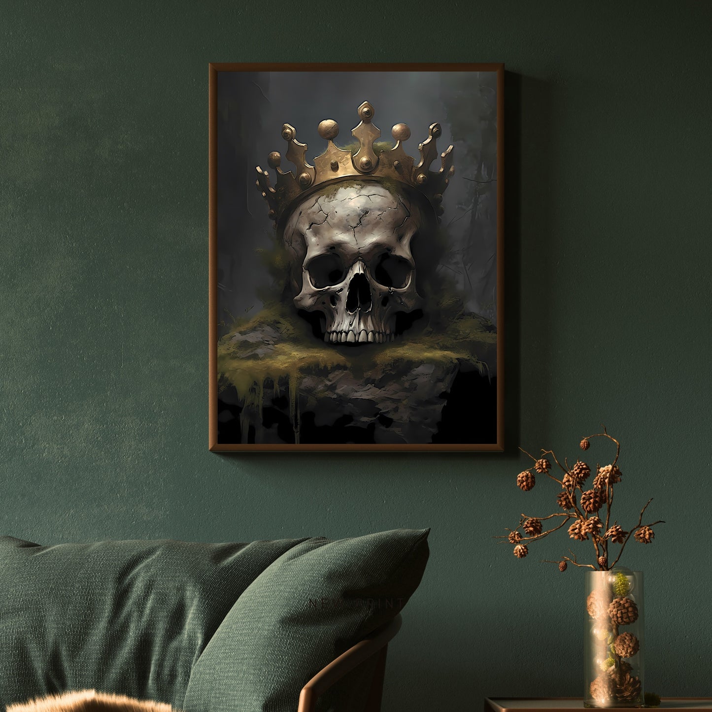 Dead King with Crown Dark Cottagecore Skull Paper Poster Prints Wall Art Decor Dark Academia Gothic Artwork Antique Oil Painting Macabre Print
