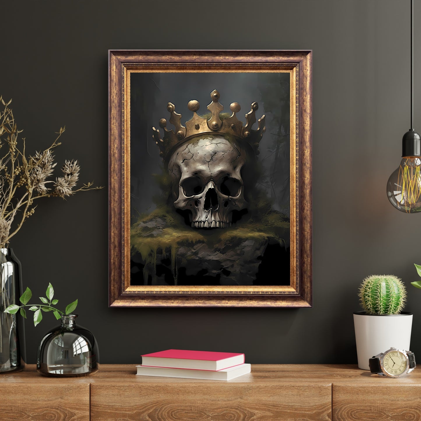 Dead King with Crown Dark Cottagecore Skull Paper Poster Prints Wall Art Decor Dark Academia Gothic Artwork Antique Oil Painting Macabre Print