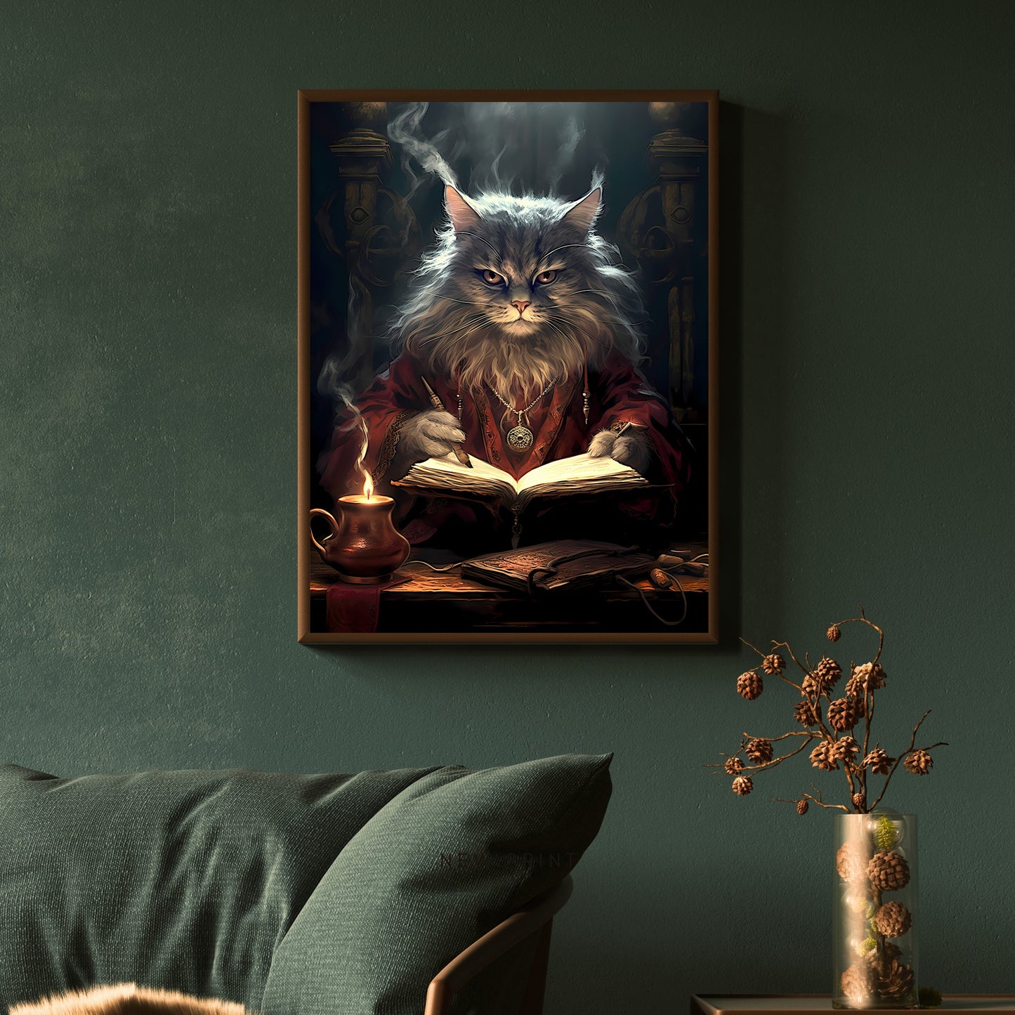 Cat Wizard Paper Poster Prints Wall Art Fantasy Wall Decor Dark Cottagecore Artwork Whimsigoth Print Dark Academia Poster Moody Dark Room Decoration