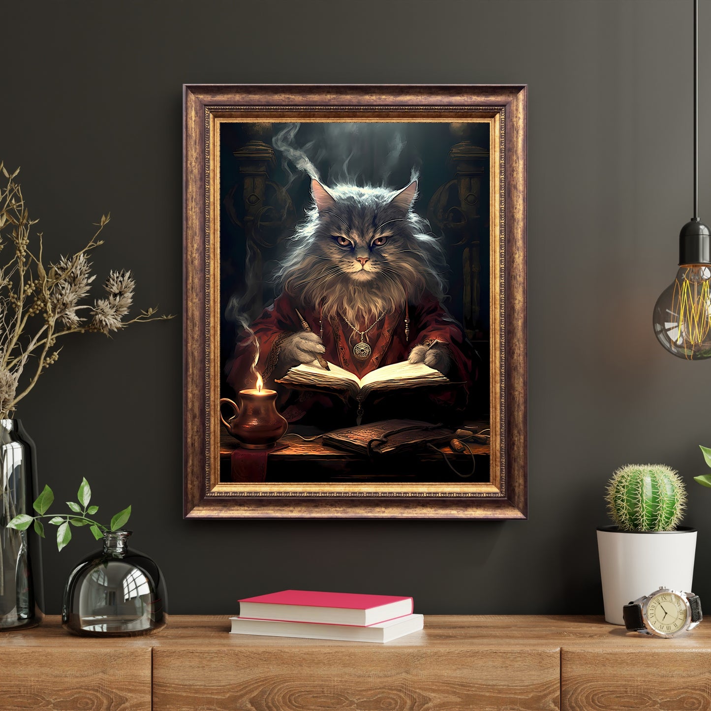 Cat Wizard Paper Poster Prints Wall Art Fantasy Wall Decor Dark Cottagecore Artwork Whimsigoth Print Dark Academia Poster Moody Dark Room Decoration