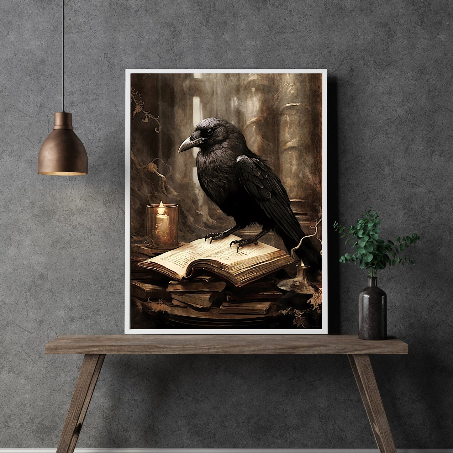 Black Raven in Library Paper Poster Prints Wall Art Dark Academia Gothic Artwork Moody Gothic Decor Dark Cottagecore Mystical Decor Library Print