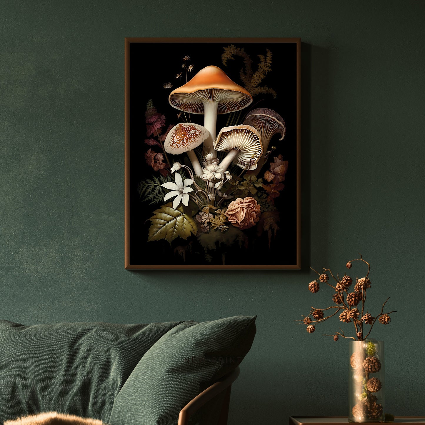 Dark Floral Mushrooms Wall Art Dark Cottagecore Floral Print Nature Goblincore Vintage Aesthetic Digital Print Moody Botanical Paper Poster Print