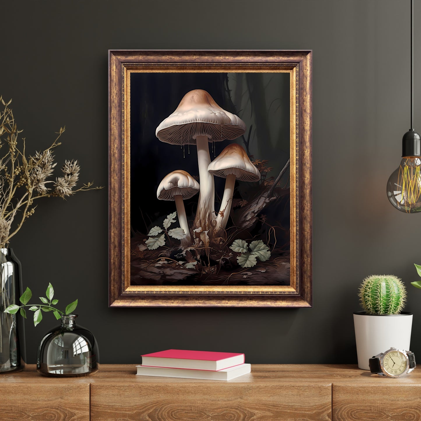 White Mushrooms Dark Woodland Wall Art Dark Cottagecore Floral Print Nature Goblincore Vintage Aesthetic Print Moody Botanical Paper Poster Print
