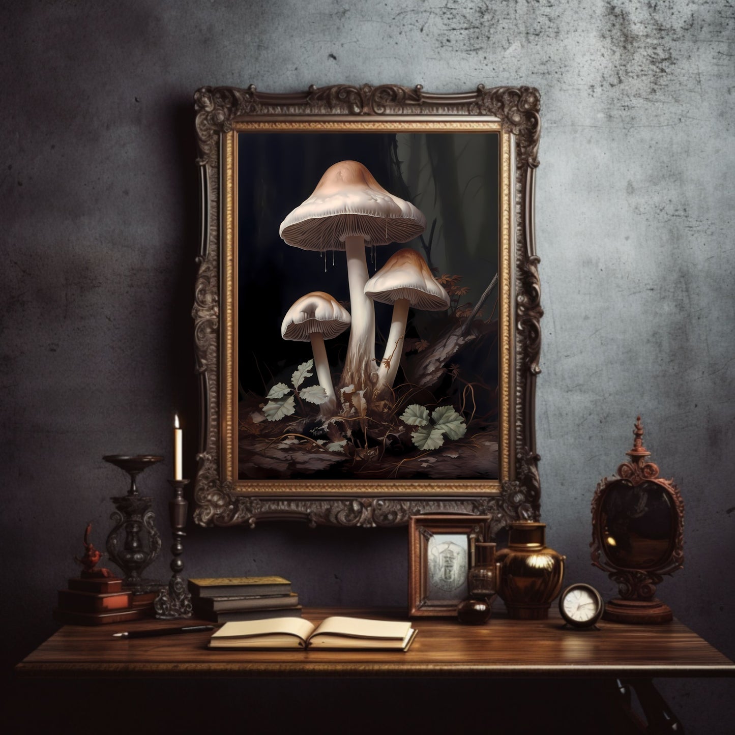 White Mushrooms Dark Woodland Wall Art Dark Cottagecore Floral Print Nature Goblincore Vintage Aesthetic Print Moody Botanical Paper Poster Print