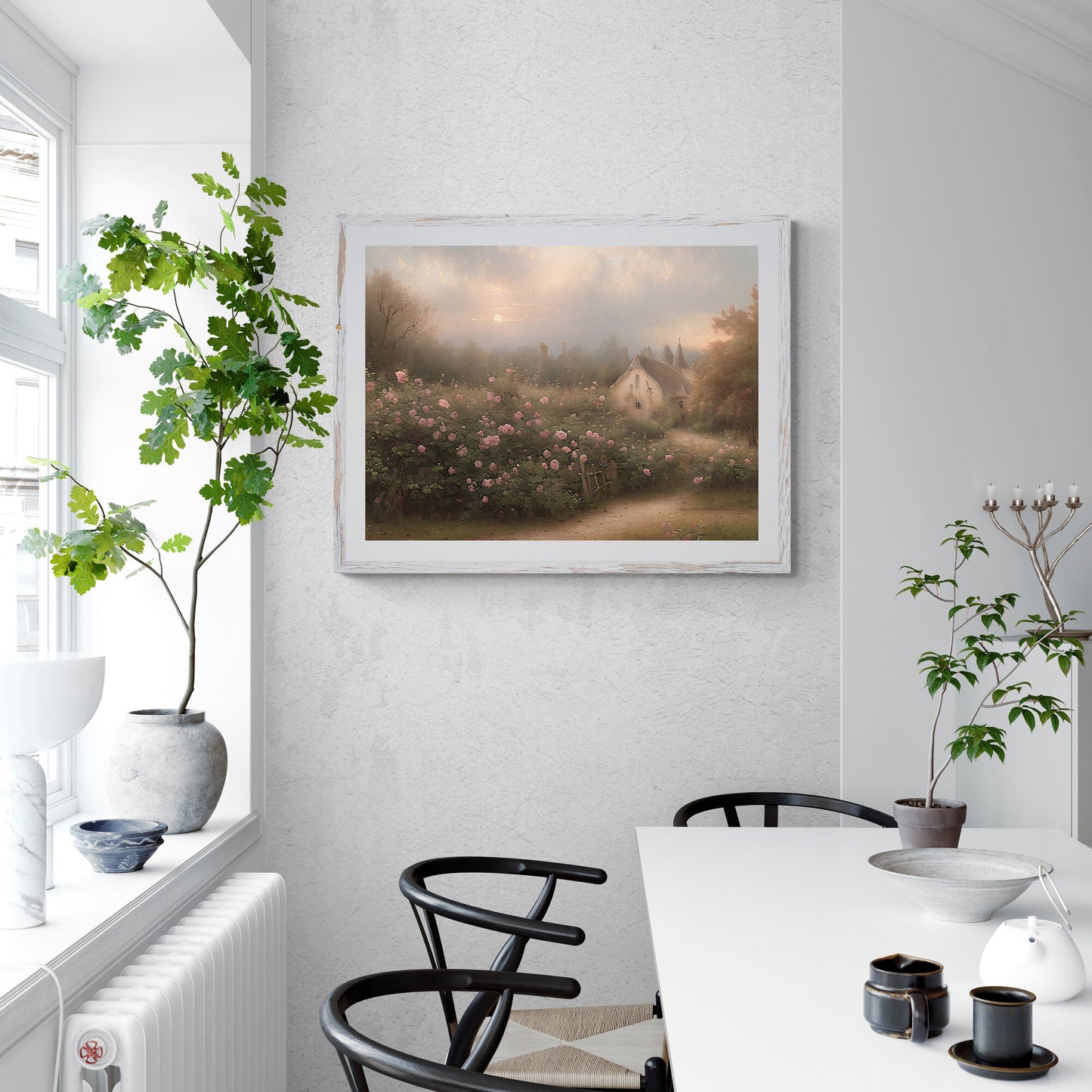 English cottage rose garden Paper Poster Prints vintage art oil painting farmhouse decor floral painting english garden sunset cottage