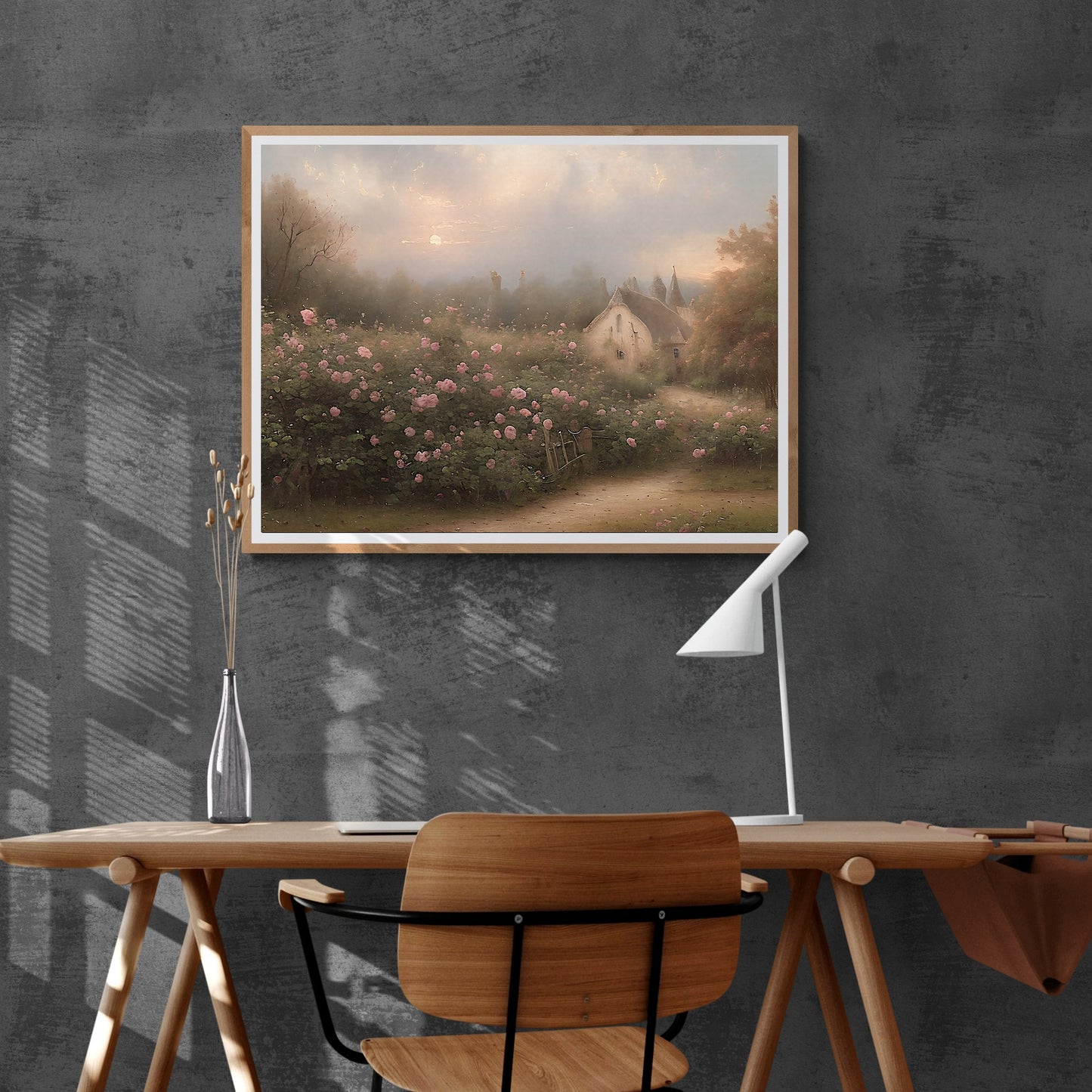 English cottage rose garden Paper Poster Prints vintage art oil painting farmhouse decor floral painting english garden sunset cottage