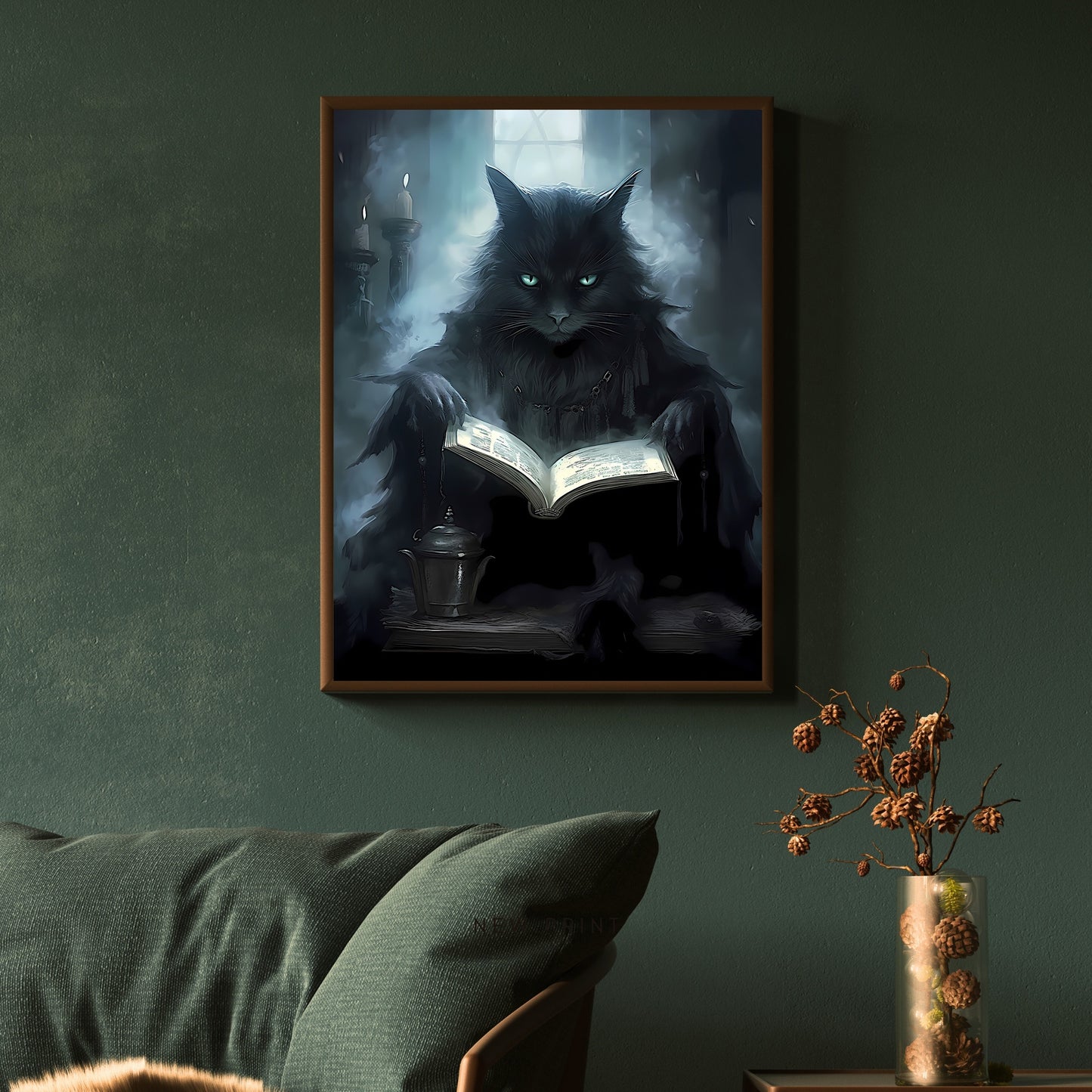 Vampir-Katze-Zauberer-Wandkunst, Fantasy-Wanddekoration, dunkles Cottagecore-Kunstwerk, Whimsigoth-Druck, Dark Academia Poster, Moody Dark Room, Papier-Posterdruck