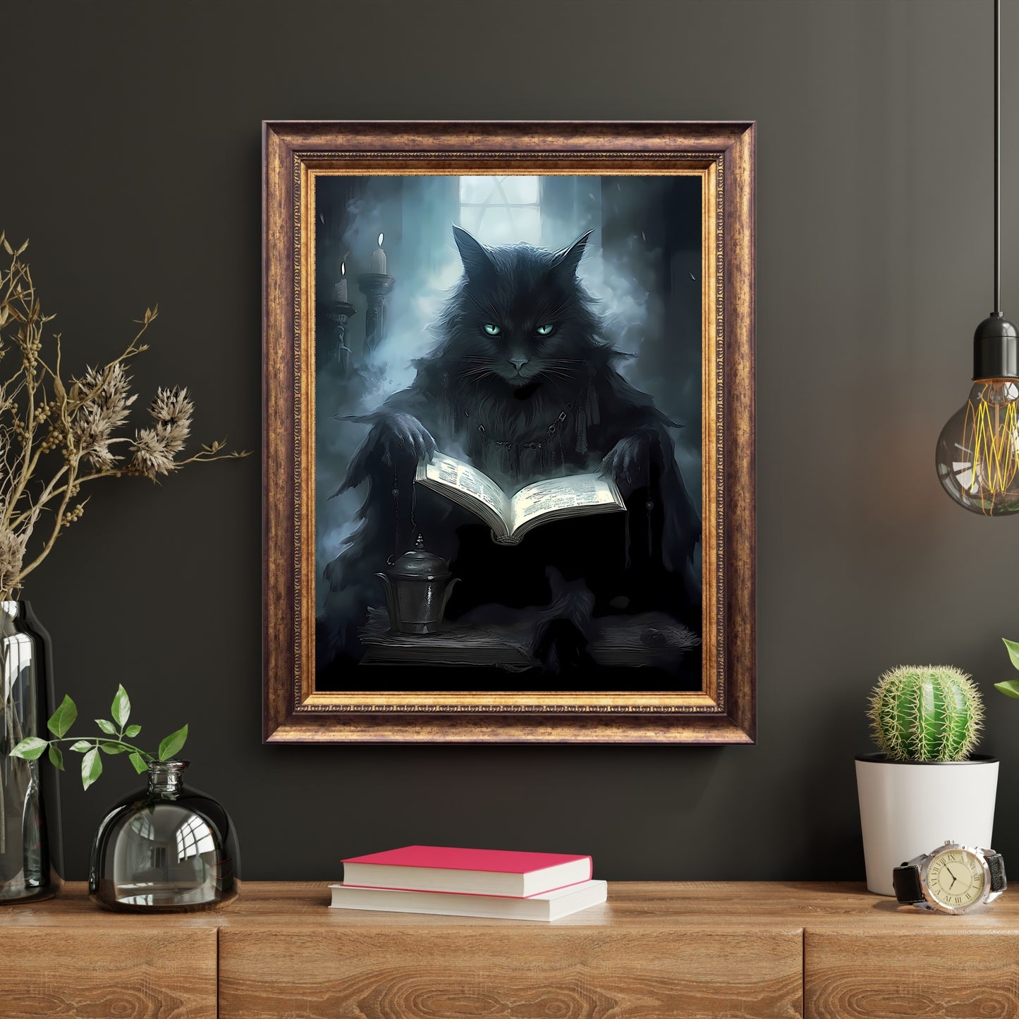 Vampir-Katze-Zauberer-Wandkunst, Fantasy-Wanddekoration, dunkles Cottagecore-Kunstwerk, Whimsigoth-Druck, Dark Academia Poster, Moody Dark Room, Papier-Posterdruck
