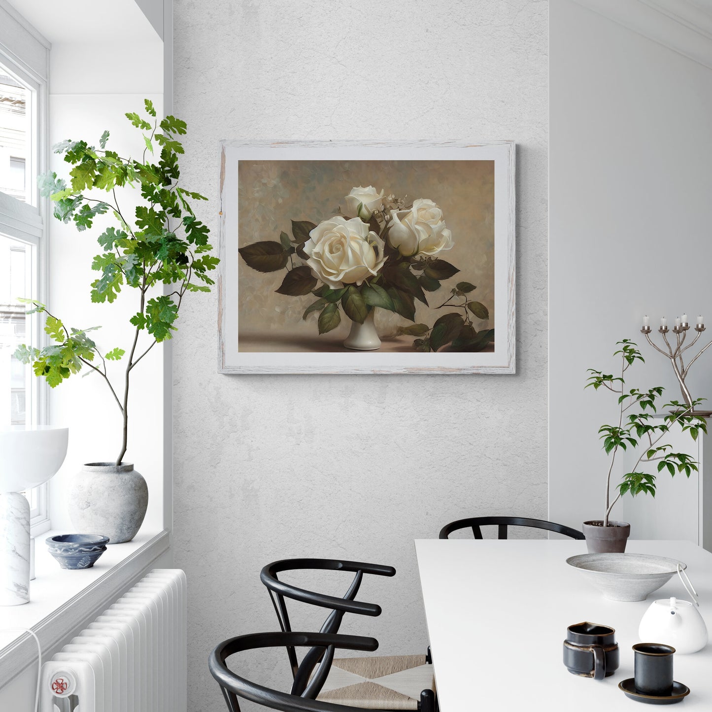 White Roses in vase still life painting Paper Poster Prints vintage art oil painting farmhouse decor floral painting roses painting botanic art