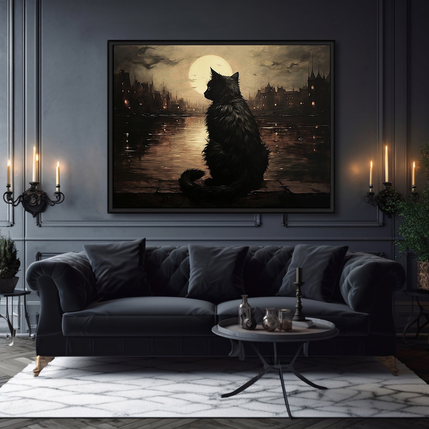 Black Cat and Full Moon Wall Art Moody Cityscape Dark Cottagecore Artwork Gothic Painting Witchy Art Gift for Cat Lover Paper Poster Print