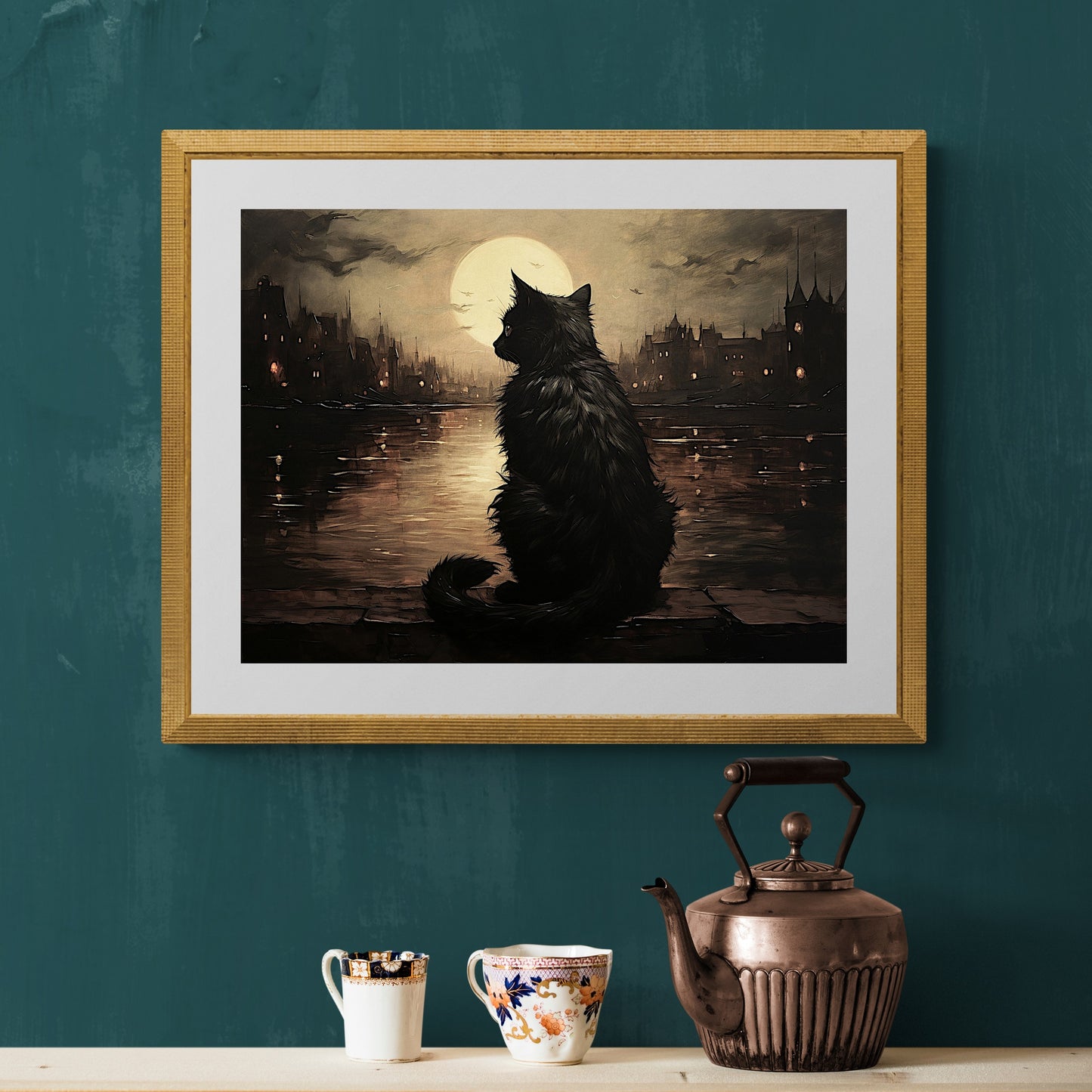 Black Cat and Full Moon Wall Art Moody Cityscape Dark Cottagecore Artwork Gothic Painting Witchy Art Gift for Cat Lover Paper Poster Print