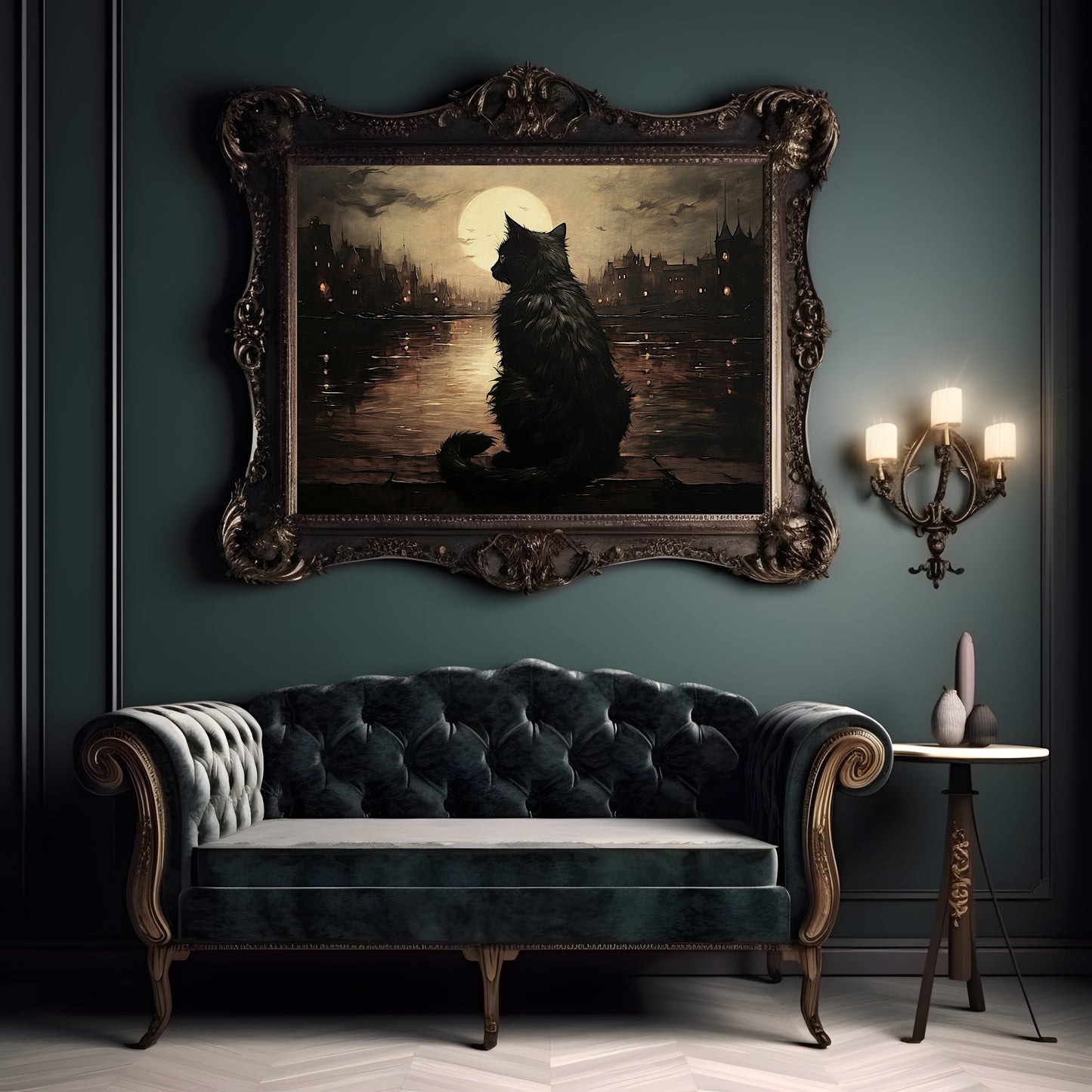 Black Cat and Full Moon Wall Art Moody Cityscape Dark Cottagecore Artwork Gothic Painting Witchy Art Gift for Cat Lover Paper Poster Print