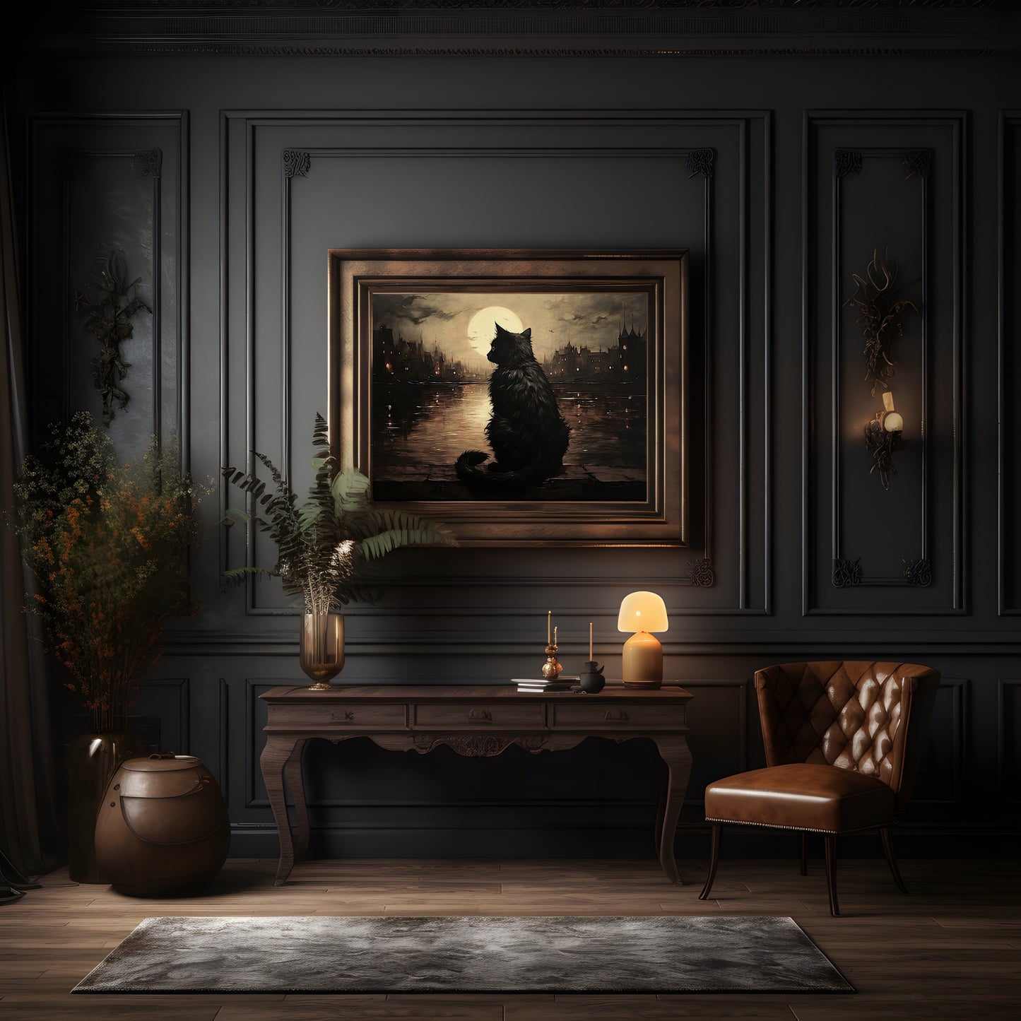 Black Cat and Full Moon Wall Art Moody Cityscape Dark Cottagecore Artwork Gothic Painting Witchy Art Gift for Cat Lover Paper Poster Print