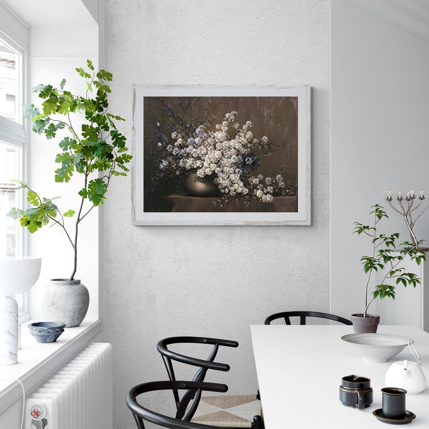 Blühender Blumenstrauß in Metallvase, Stillleben, Gemälde, Papier, Poster, Drucke, Vintage-Kunst, Ölgemälde, Bauernhaus-Dekor, Blumengemälde, botanische Kunst