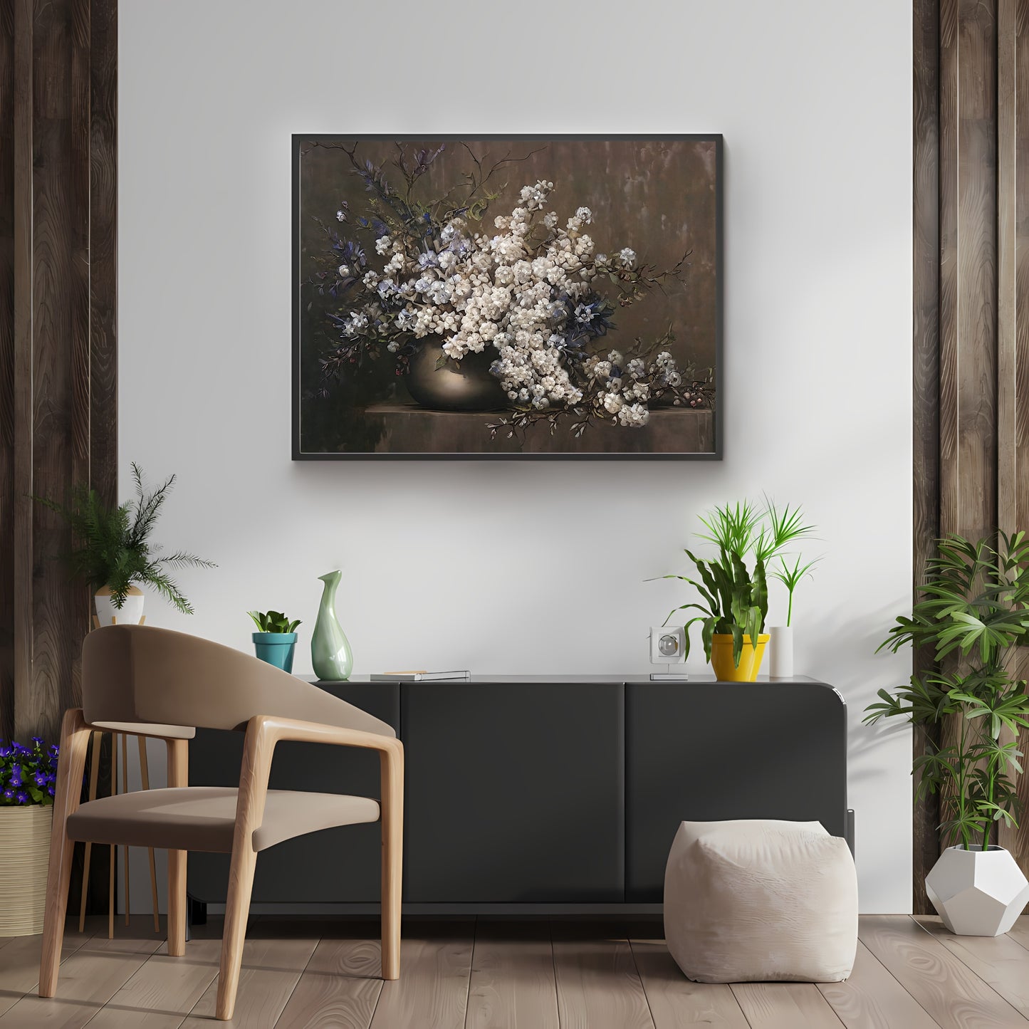 Blühender Blumenstrauß in Metallvase, Stillleben, Gemälde, Papier, Poster, Drucke, Vintage-Kunst, Ölgemälde, Bauernhaus-Dekor, Blumengemälde, botanische Kunst