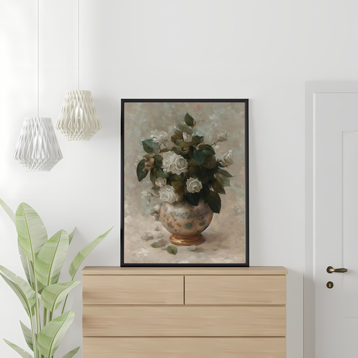 White roses in copper vase still life painting Paper Poster Prints vintage art oil painting farmhouse decor floral painting botanic art roses