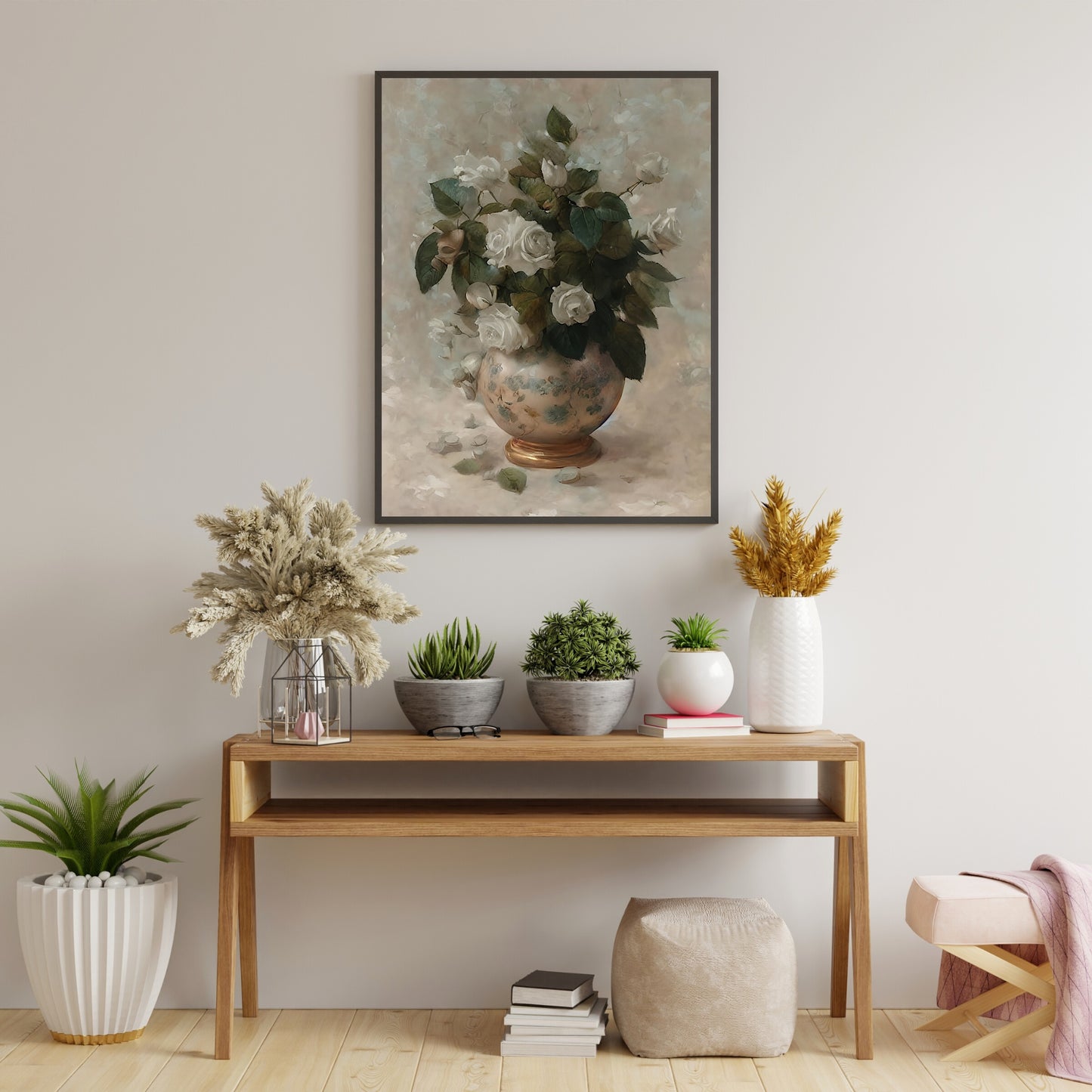 White roses in copper vase still life painting Paper Poster Prints vintage art oil painting farmhouse decor floral painting botanic art roses