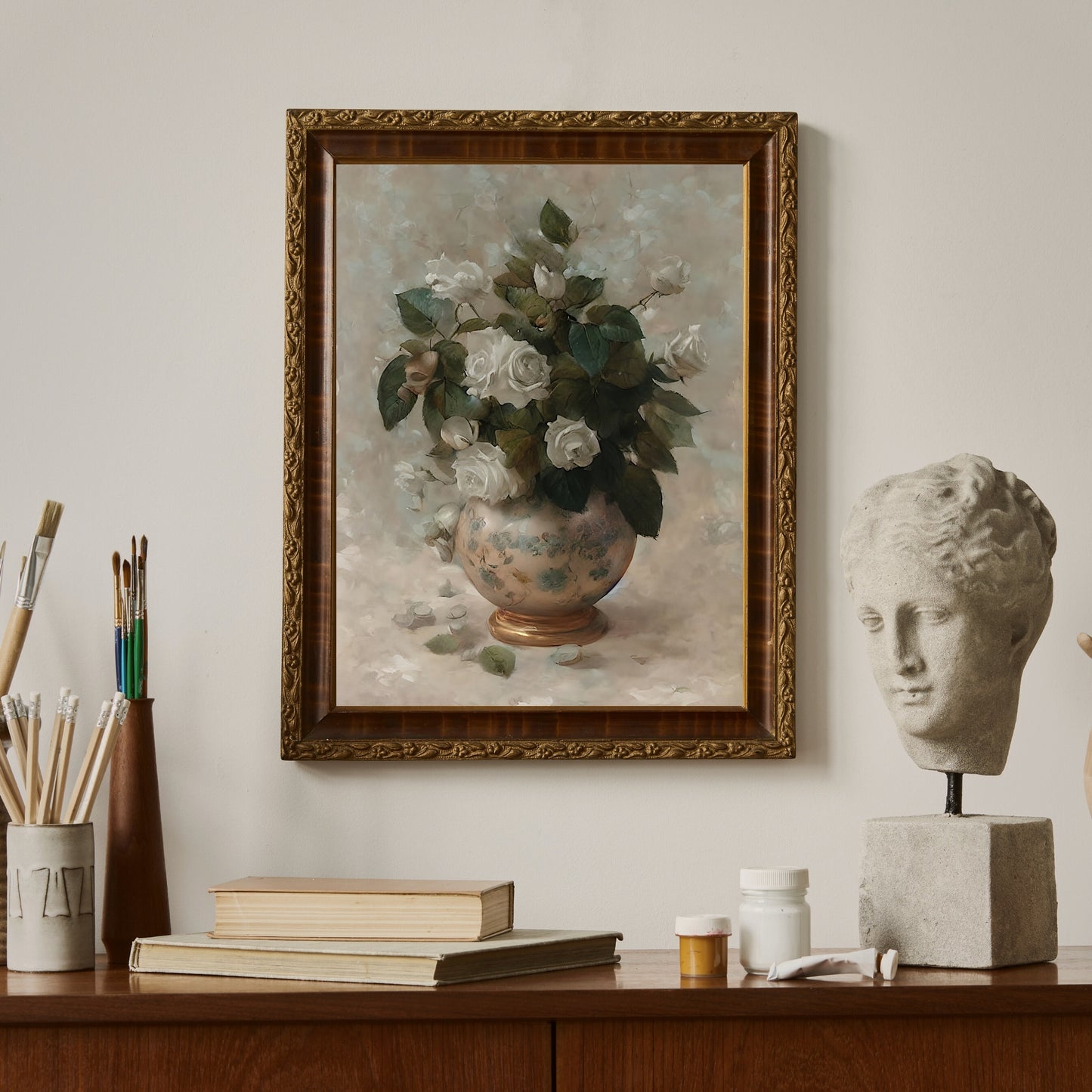 White roses in copper vase still life painting Paper Poster Prints vintage art oil painting farmhouse decor floral painting botanic art roses