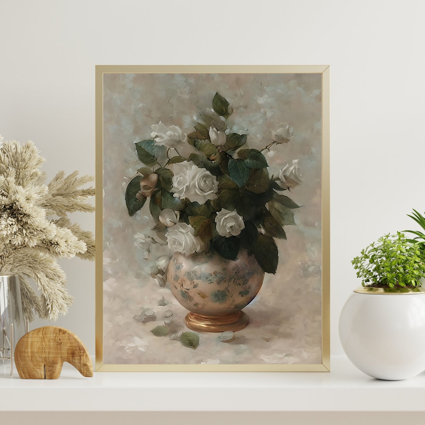 White roses in copper vase still life painting Paper Poster Prints vintage art oil painting farmhouse decor floral painting botanic art roses